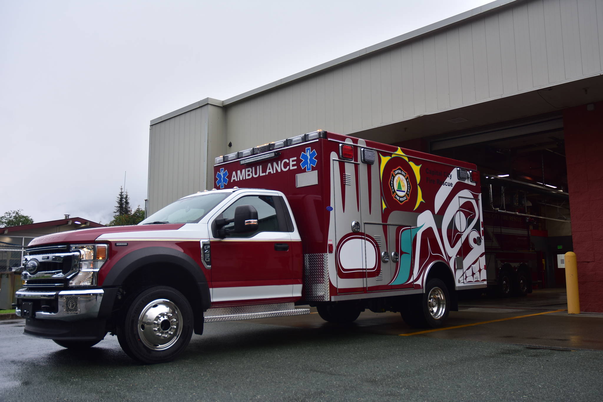 Peter Segall / Juneau Empire                                Capital City Fire/Rescue recently worked with Southeast Alaska artists and companies to decorate a new ambulance. This side was designed by Mary Goddard, an Alaska Native artist in Sitka.