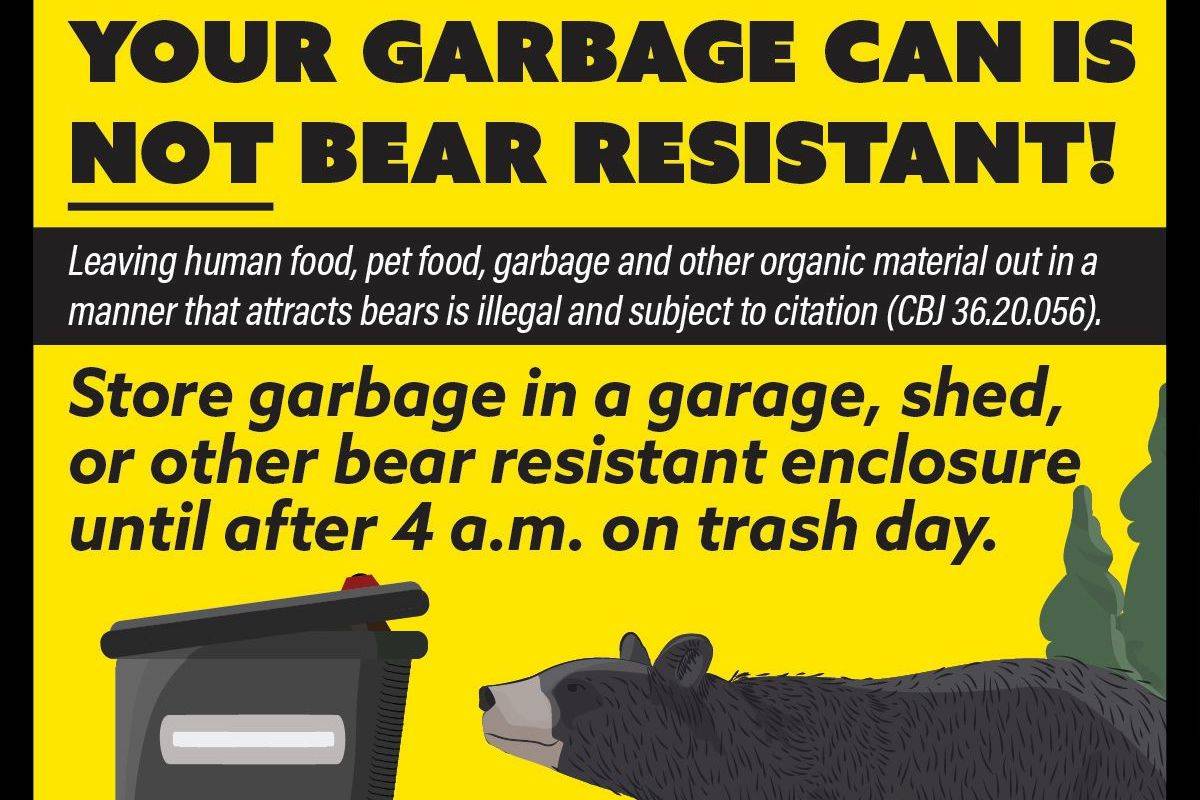 The Juneau Bear Committee will be identifying and tagging trash cans that lack bear-resistant characteristics with these stickers the week of Aug. 31. (Courtesy art / Juneau Police Department)