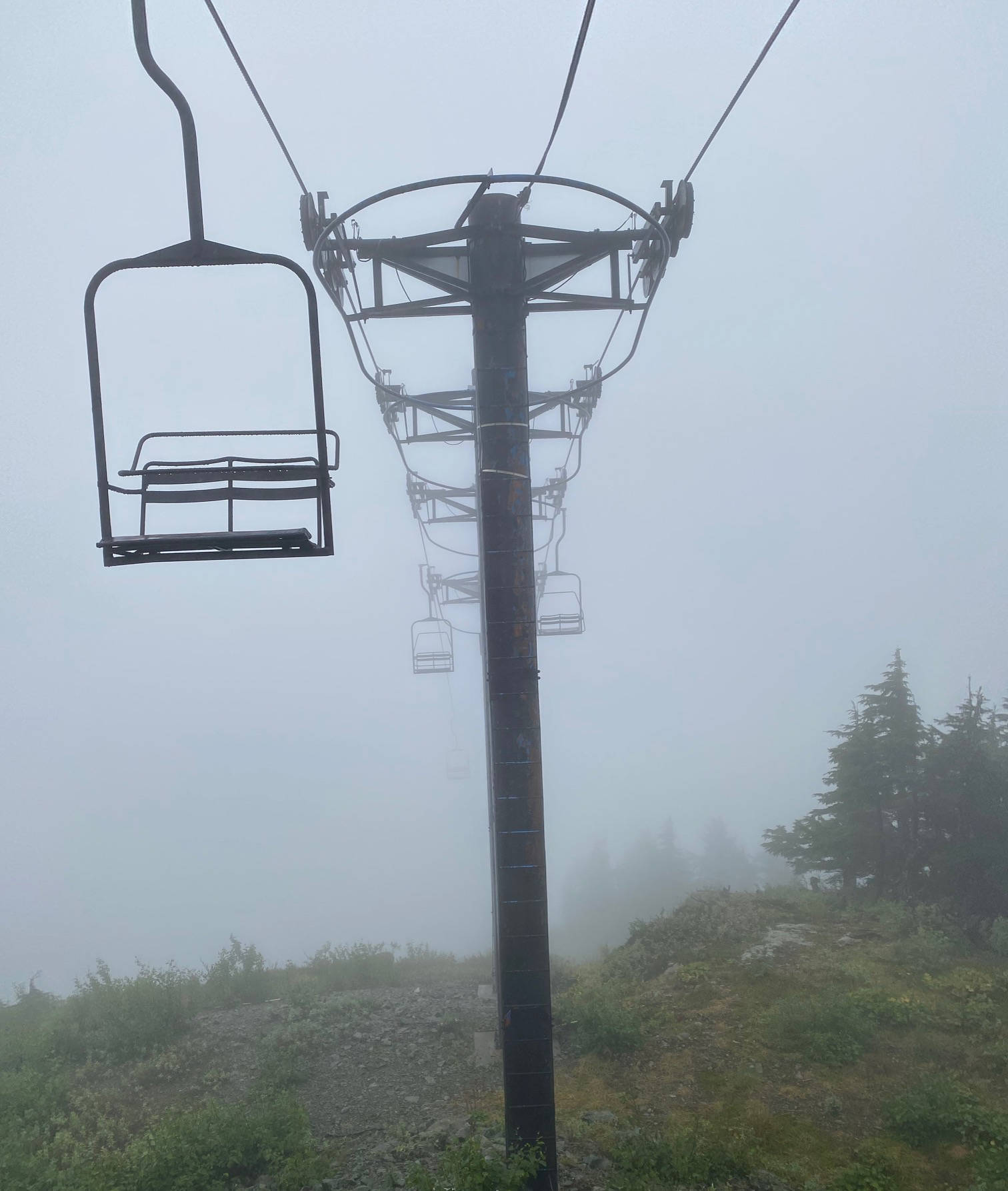 The Black Bear chairlift disappears into the thickening fog on Sept. 2, 2020. (Courtesy Photo / Denise Carroll)