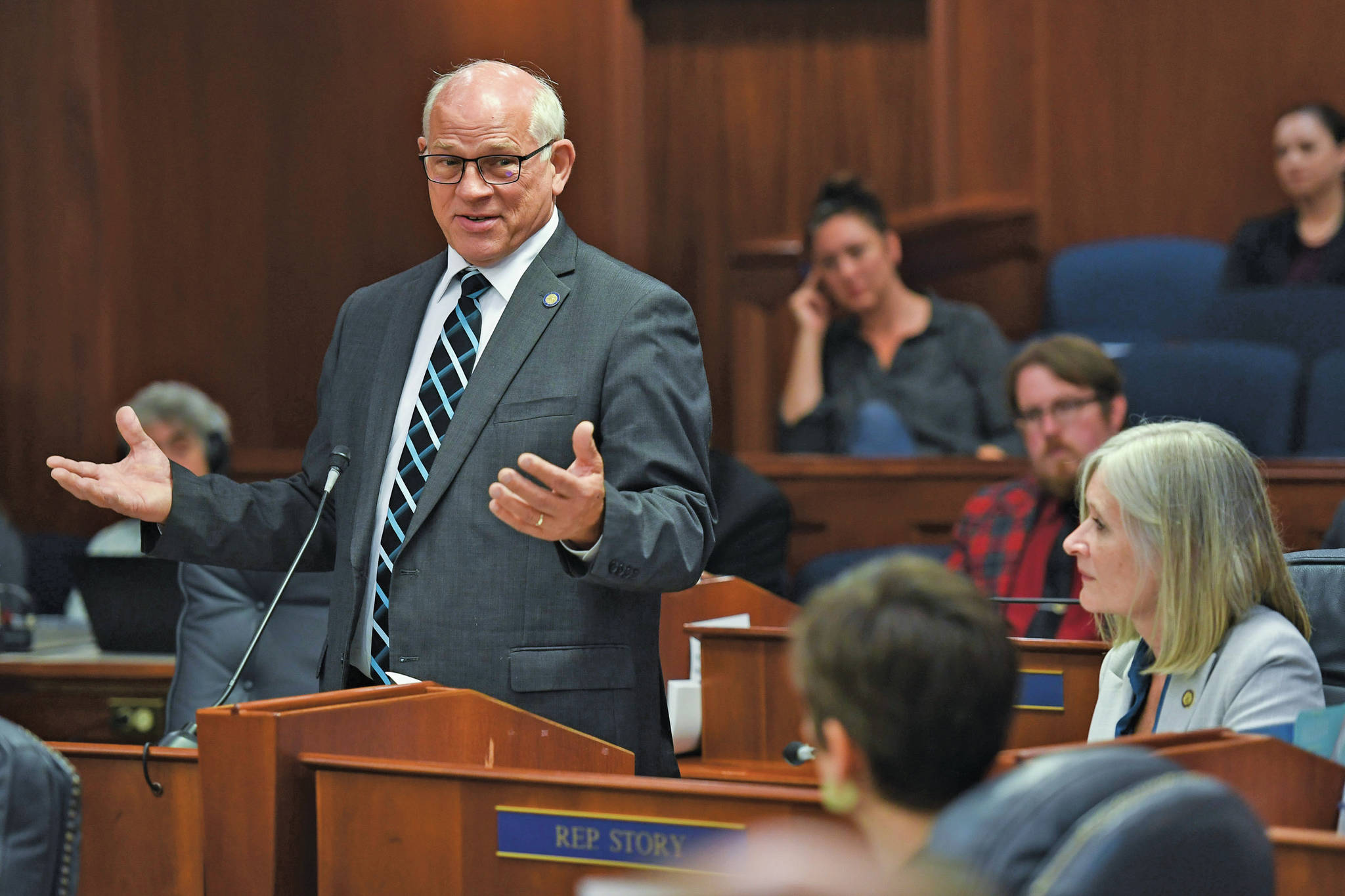 Sen. John Coghill, R-North Pole, expresses his sadness about the effect the budget will have on his community during a Joint Session of Alaska Legislature at the Capitol on Thursday, July 11, 2019. A recount has affirmed Cohhill lost a tight primary race. (Michael Penn / Juneau Empire File)