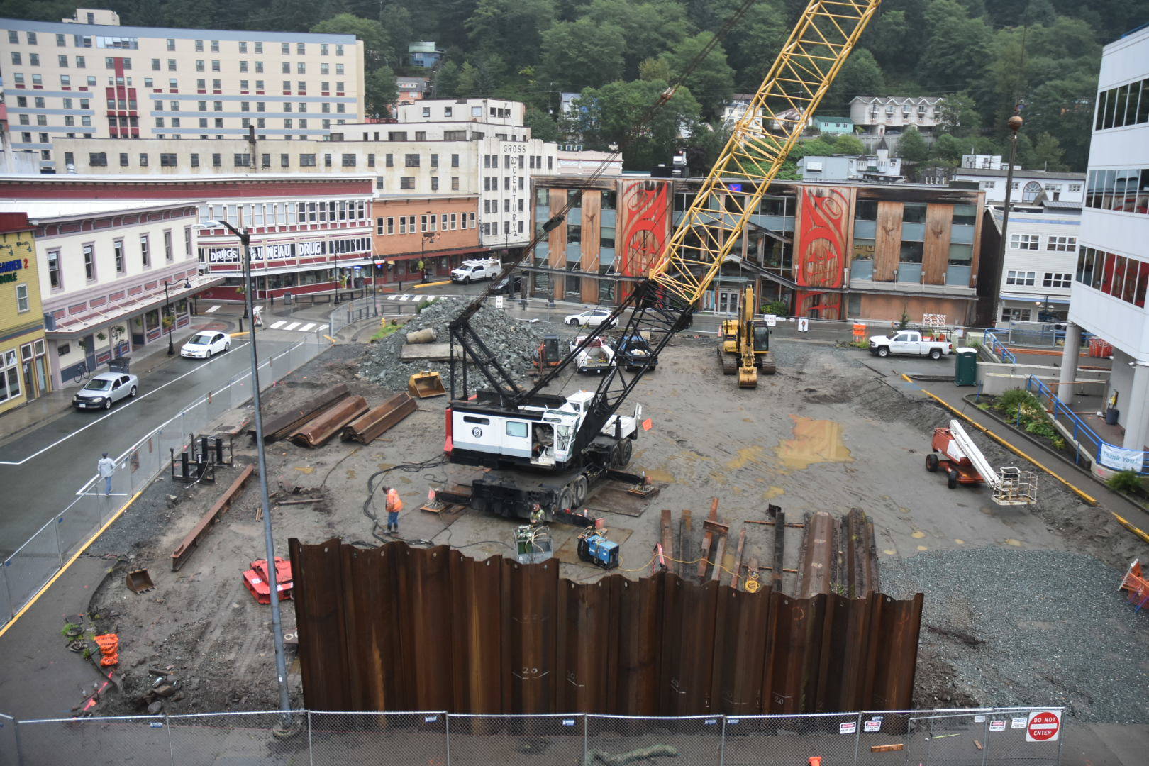The Sealaska Heritage Institute’s downtown arts campus is under construction, Sept. 3, 2020. (Peter Segall / Juneau Empire)