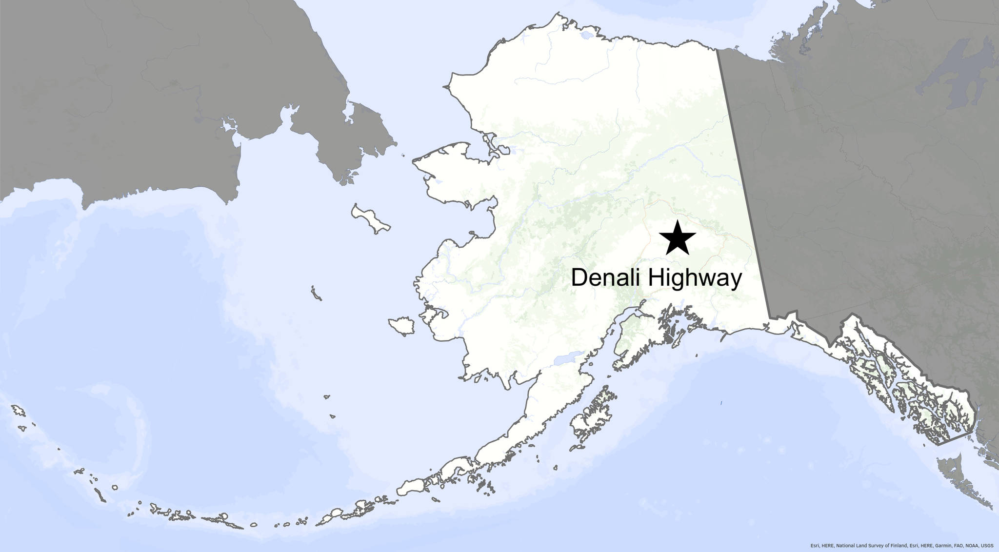 This map shows the location of Denali Highway, where orange spruce trees can be seen. (Courtesy Image / Ned Rozell)