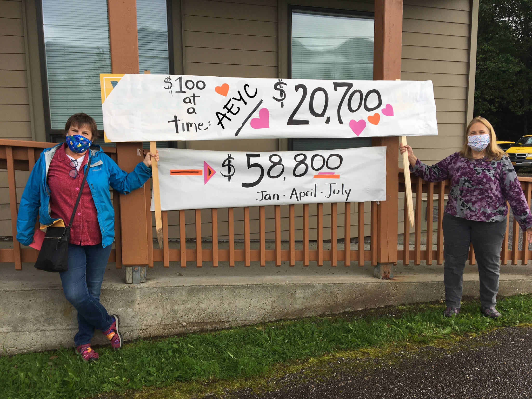 This photo shows Marla Berg, member of the 100 Women Who Care coordinator team, and Joy Lyon, Executive Director of AEYC Southeast Alaska. (Courtesy Photo / Iola Young)