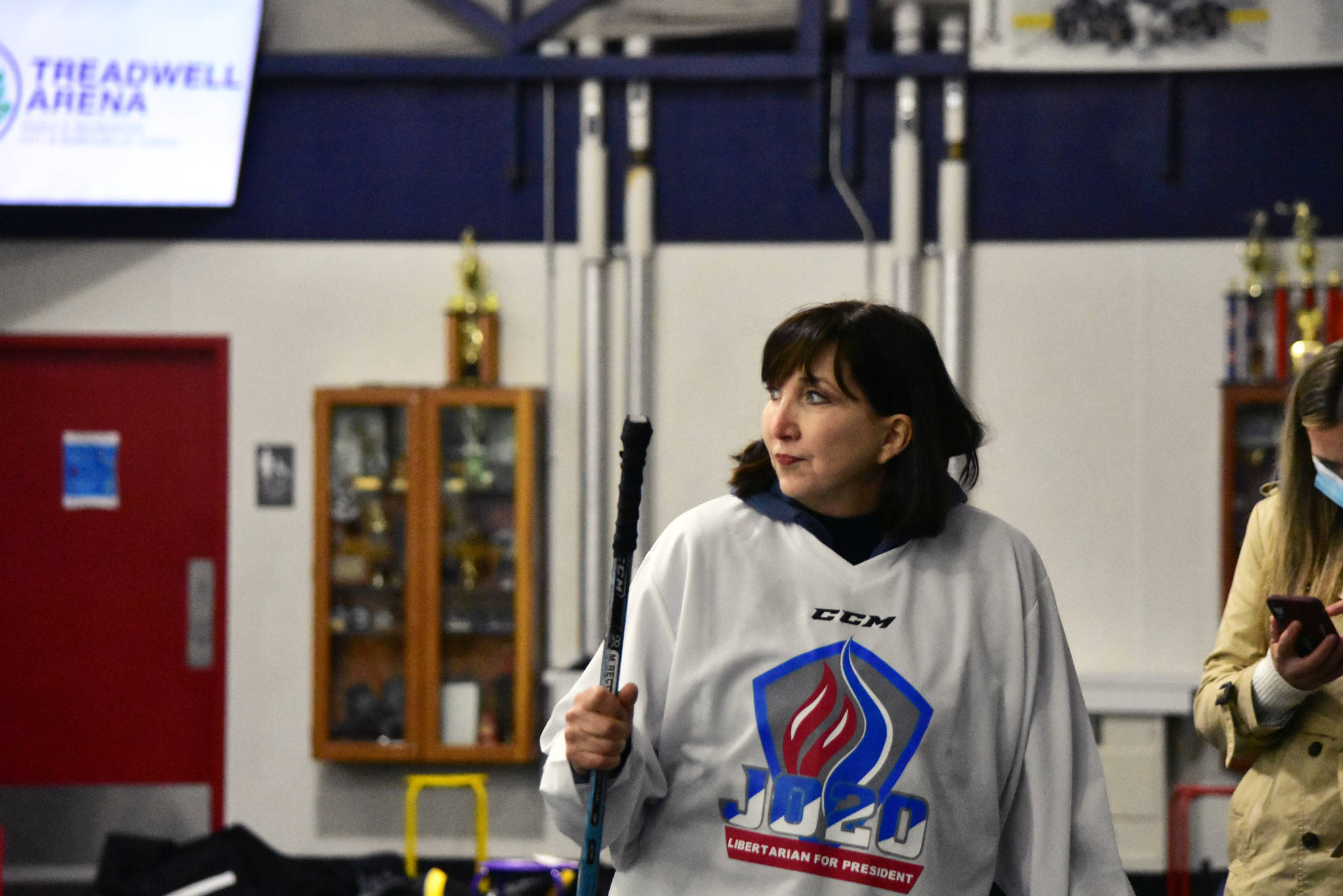 Libertarian presidential candidate Jo Jorgensen was in Juneau Tuesday, Sept. 8, 2020, meeting with residents and business owners, and to play a quick game of hockey with local players at the Treadwell Arena. (Peter Segall / Juneau Empire)