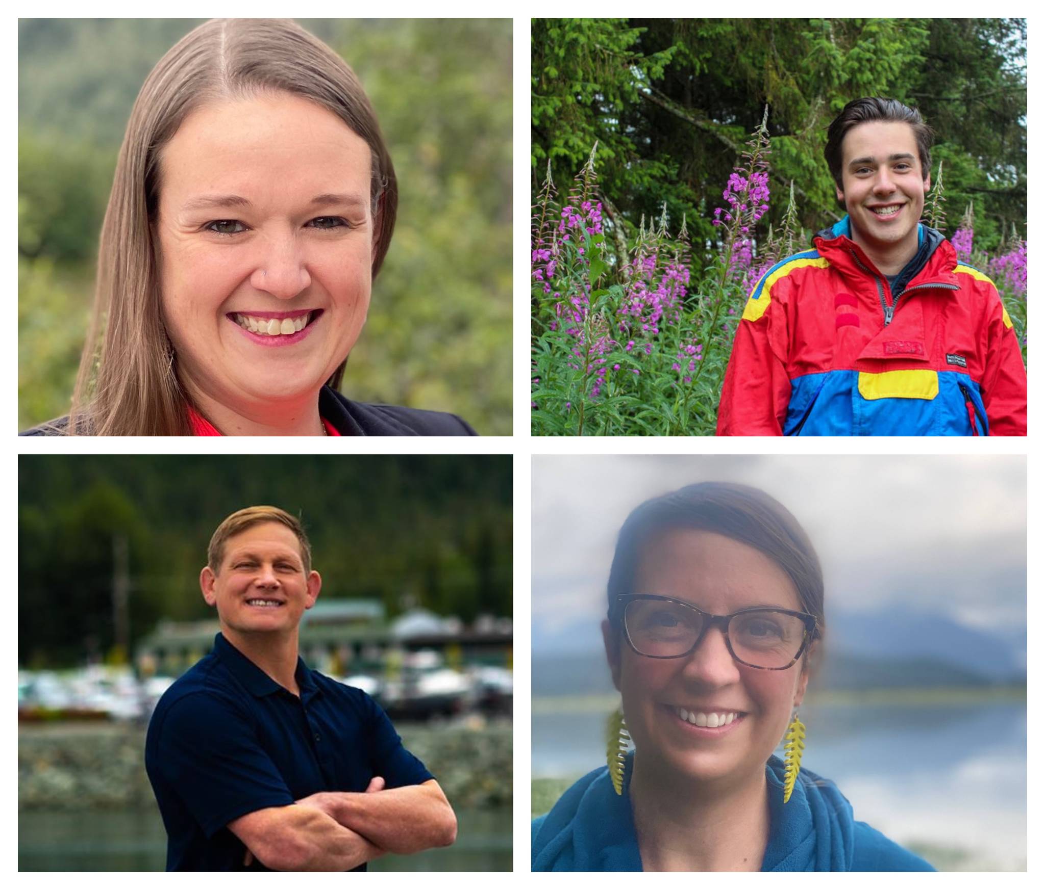The four candidates for the City and Borough of Juneau Assembly District 2 seat covering the Mendenhall Valley, Auke Bay and north of the ferry terminal. Clockwise from top left: Lacey Derr, Derek Dzinich, Robert Shoemake and Christine Woll. (Photos courtesy of the candidates)