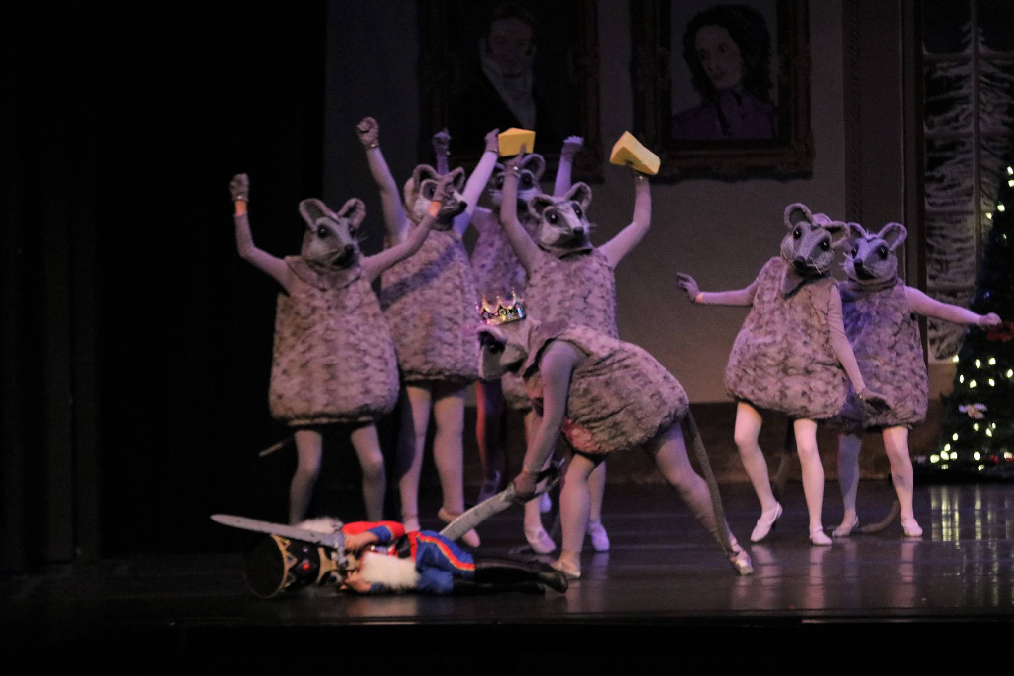 The Nutcracker is on the verge of defeat at the hands of the Mouse King in this December 2019 photo. This year would have been the 13th consecutive year Juneau Dance Theatre staged a full performance of the famous ballet, but it has been canceled because of the pandemic.(Courtesy Photo / Juneau Dance Theatre)