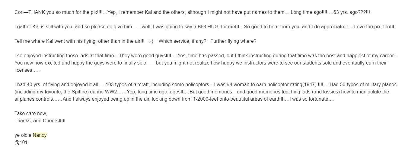 A screen shot of Nancy Livingston Stratford’s email to Cori Scherer, granddaughter of Kalman Markoe whom she taught to fly in 1957. Markoe found the Empire’s article on Stratford and reached out to the paper trying to get in contact with Stratford to share some old photographs. (Screenshot)