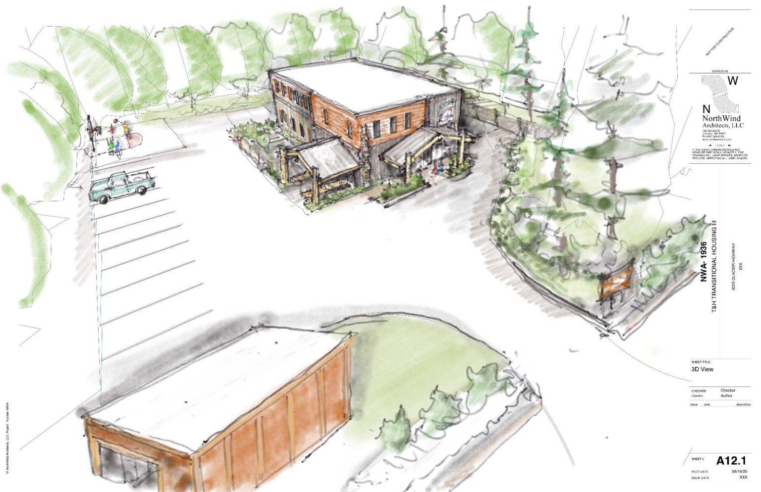 A proposed design for a Central Council of the Tlingit and Haida Indian Tribes of Alaska-run transitional living facility on the corner of Alaway Avenue and Glacier Highway. The project’s permit has been appealed by community members concerned about the facility’s proximity to nearby schools and bus stops. (Courtesy Art / Tlingit and Haida)