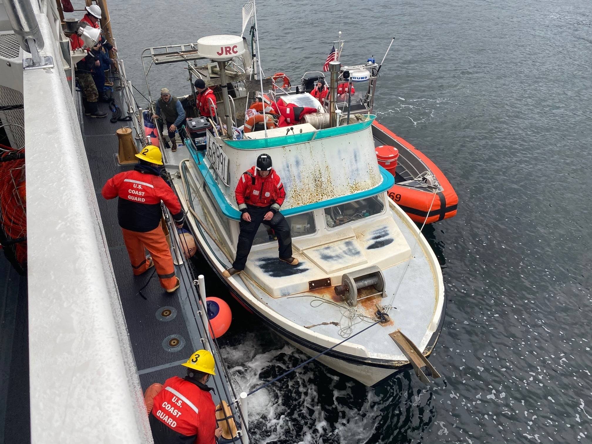 Coast Guardsmen aboard the cutter USCGC John McCormick rescued two people off the fishing vessel Reluctant near Hoonah after it grounded Tuesday morning, Sept. 22, 2020. (Courtesy photo / U.S. Coast Guard)