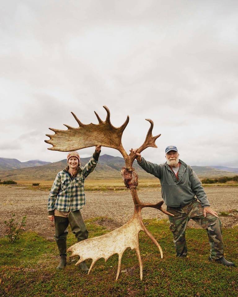 Tia Shoemaker and her dad pose with a giant moose rack on the Alaska Peninsula. (Courtesy Photo / Tia Shoemaker)