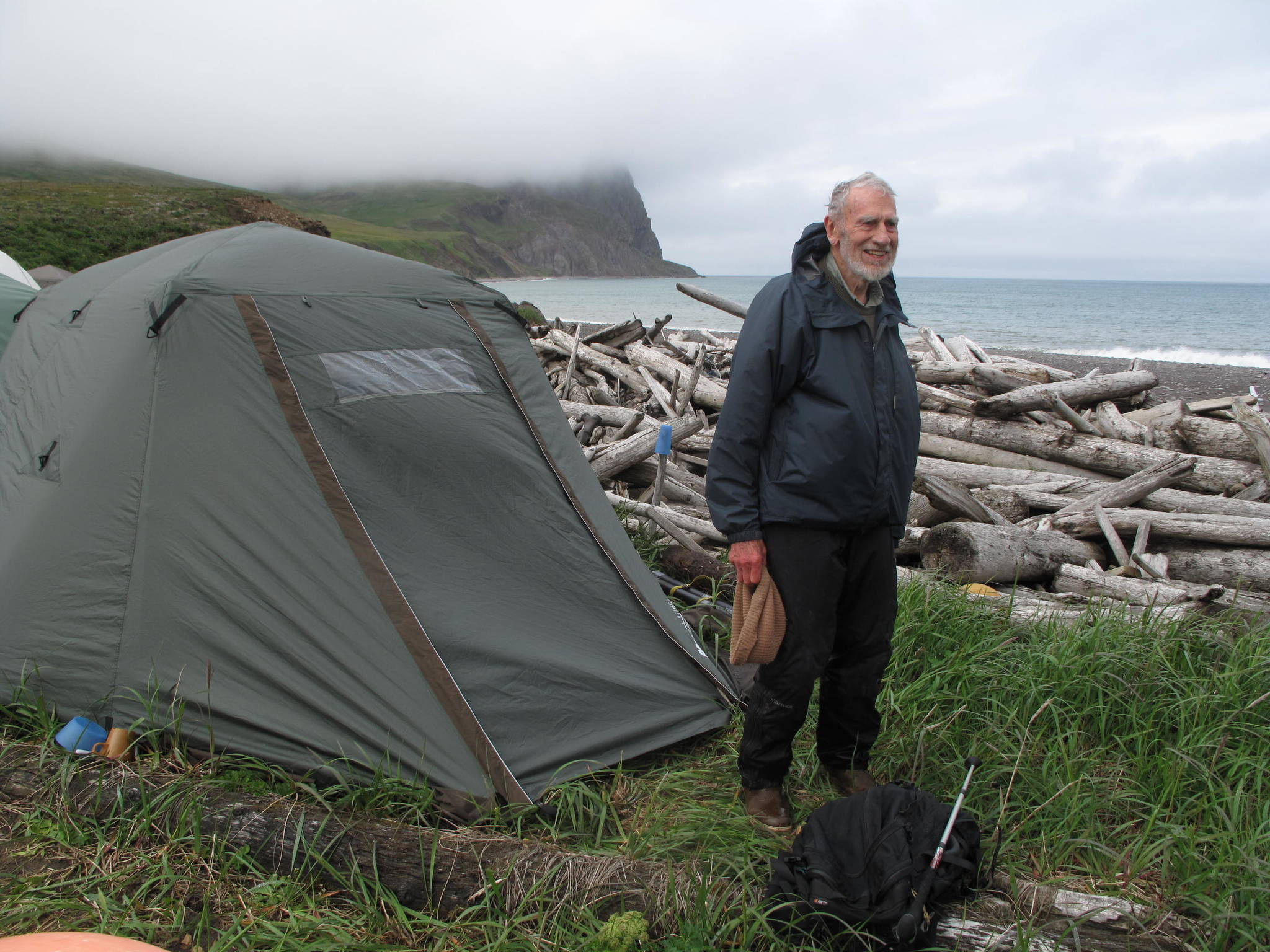 David Klein stands in front of his tent near Bull Seal Point on St. Matthew Island in 2012. He first visited the remote island in 1957. (Courtesy Photo / Ned Rozell)