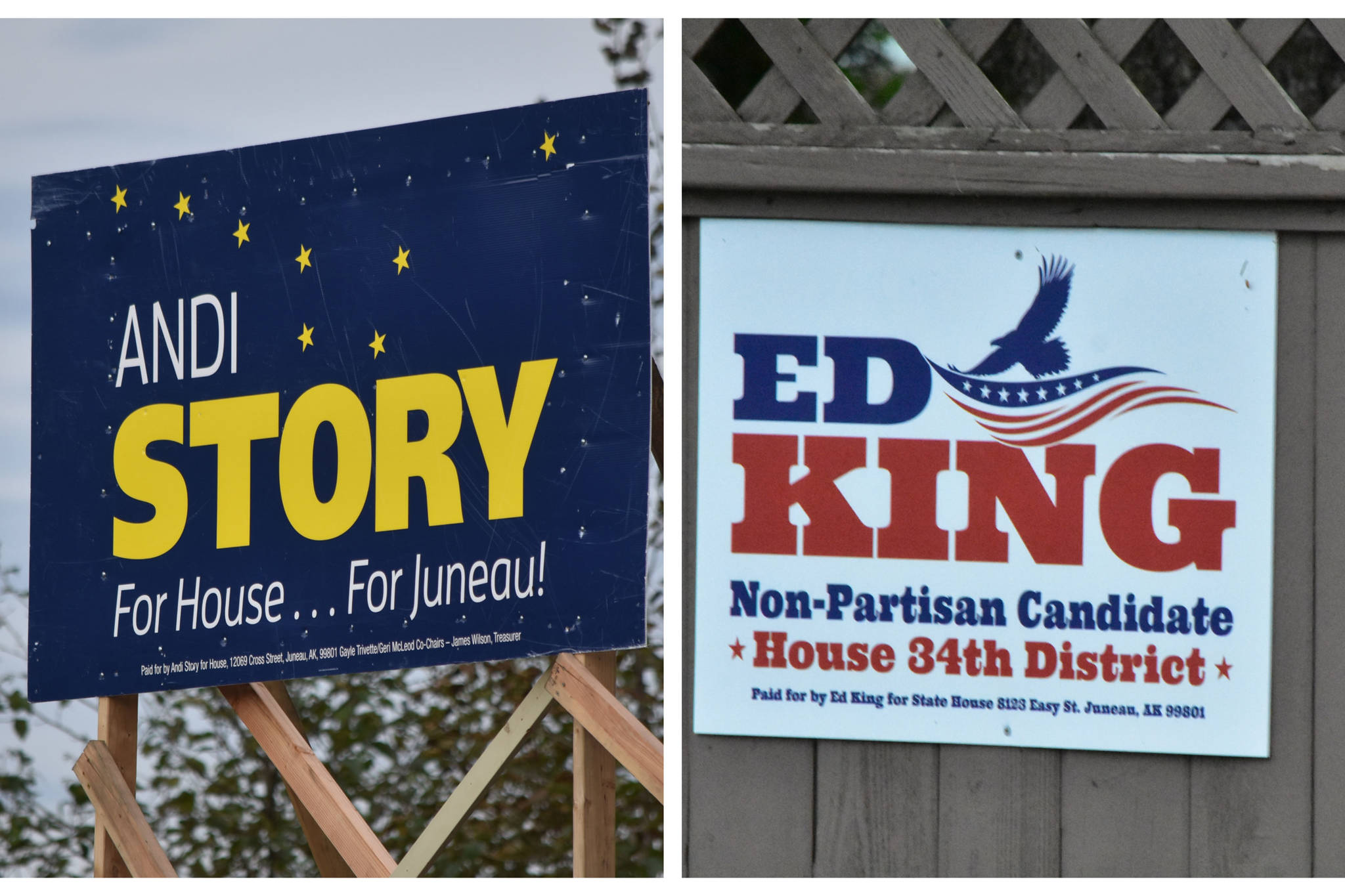 Campaign signs for incumbent Andi Story, D-Juneau, and non-partisan challenger Ed King. Both are vying for Juneau’s District 34 seat in the Alaska House of Representatives. (Peter Segall / Juneau Empire)