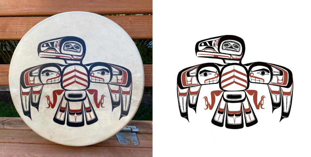 On the left is an eagle drum designed by Hoonah-based artist Jeff Skaflestad. On the right is a digitized version of the design created for “Tell My Why.” (Courtesy Image / Xbox)On the left is an eagle drum designed by Hoonah-based artist Jeff Skaflestad. On the right is a digitized version of the design created for “Tell My Why.” (Courtesy Image / Xbox)