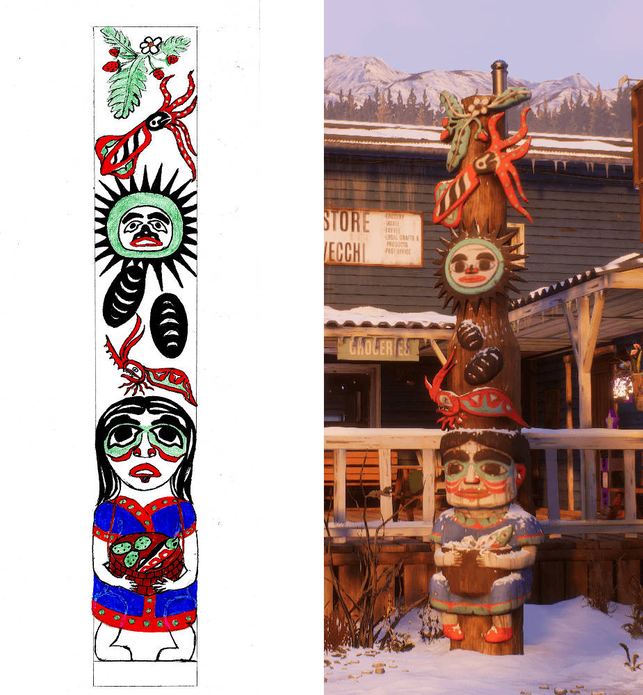 On the left is a totem pole design by Gordon Greenwald, on the right is the design as it appears in the game “Tell Me Why.” (Courtesy Image / Xbox)