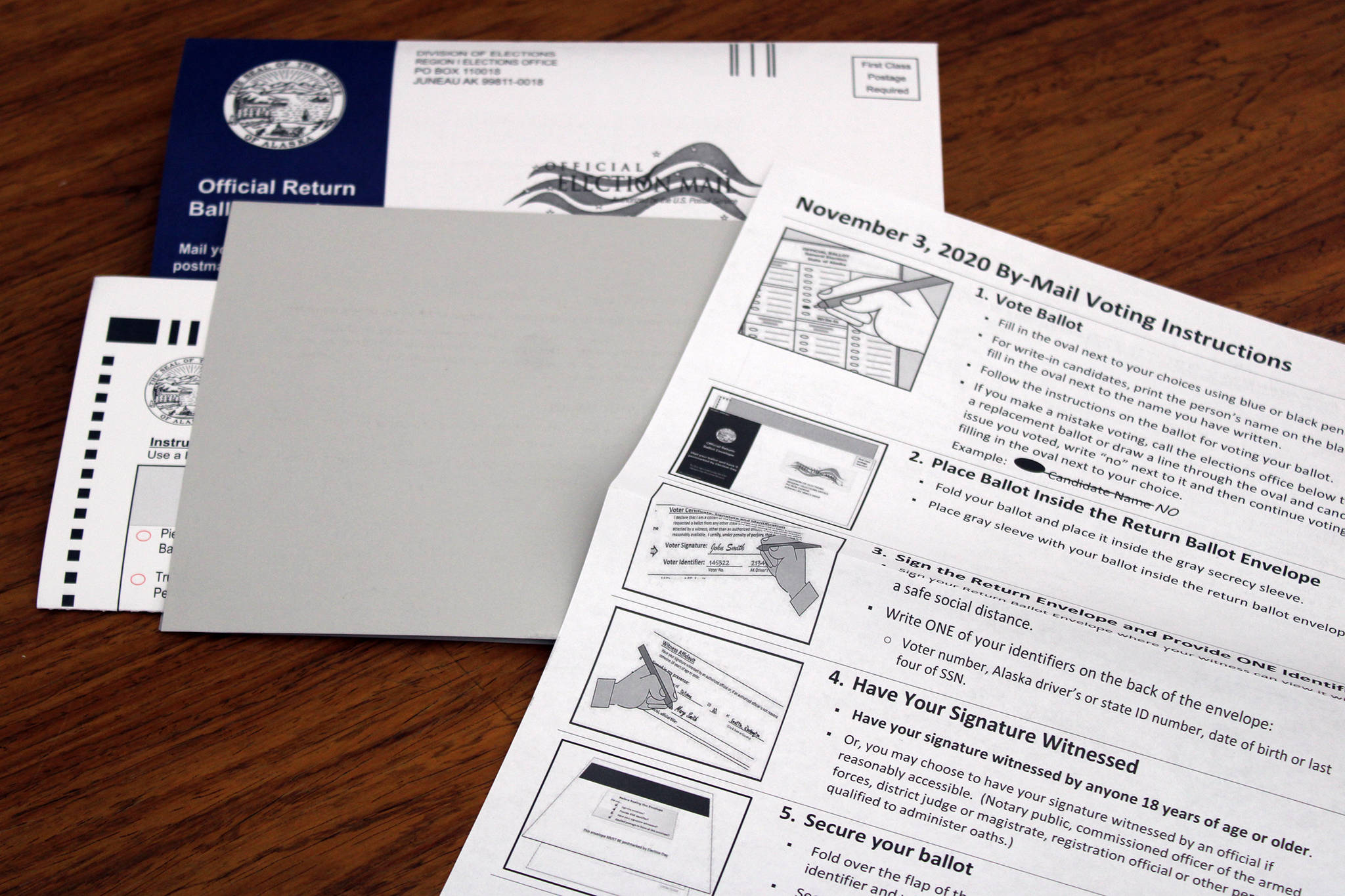 This photo shows an Alaska ballot, return envelope and by-mail voting instructions. Step No. 4, having a signature witnessed, is being debated with opponents saying requiring a witness creates an unnecessary hurdle for voters who do not live with someone 18 or older. (Ben Hohenstatt / Juneau Empire)