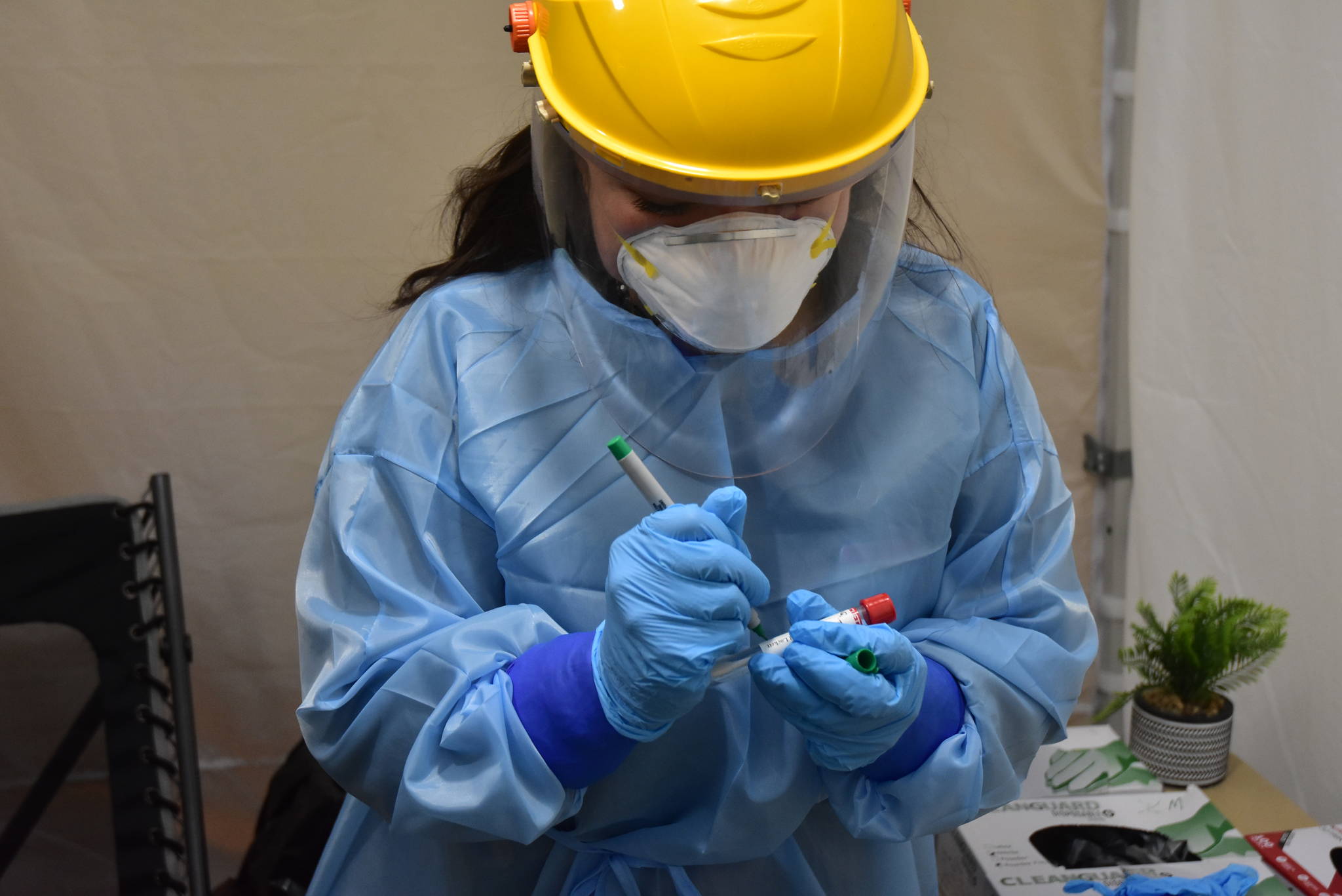 Emergency worker Melanie Chavez takes a COVID-19 test sample at the Juneau International Airport screening site on Monday, Oct. 12, 2020. The City and Borough of Juneau announced 17 new COVID-19 cases over a three-day period. (Peter Segall / Juneau Empire)