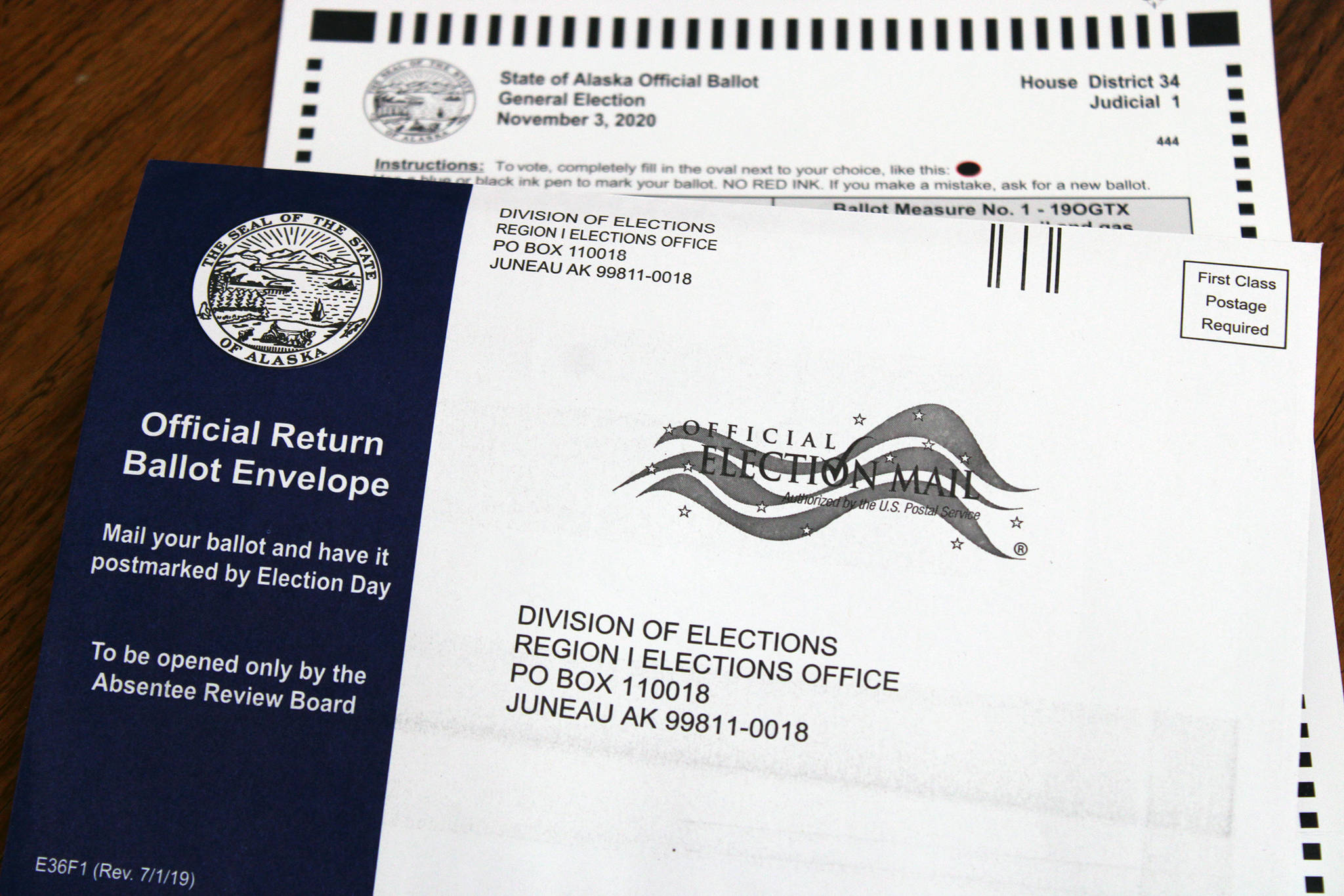 This photo shows a by-mail ballot sent to an Alaska voter in October 2020. (Ben Hohenstatt / Juneau Empire)