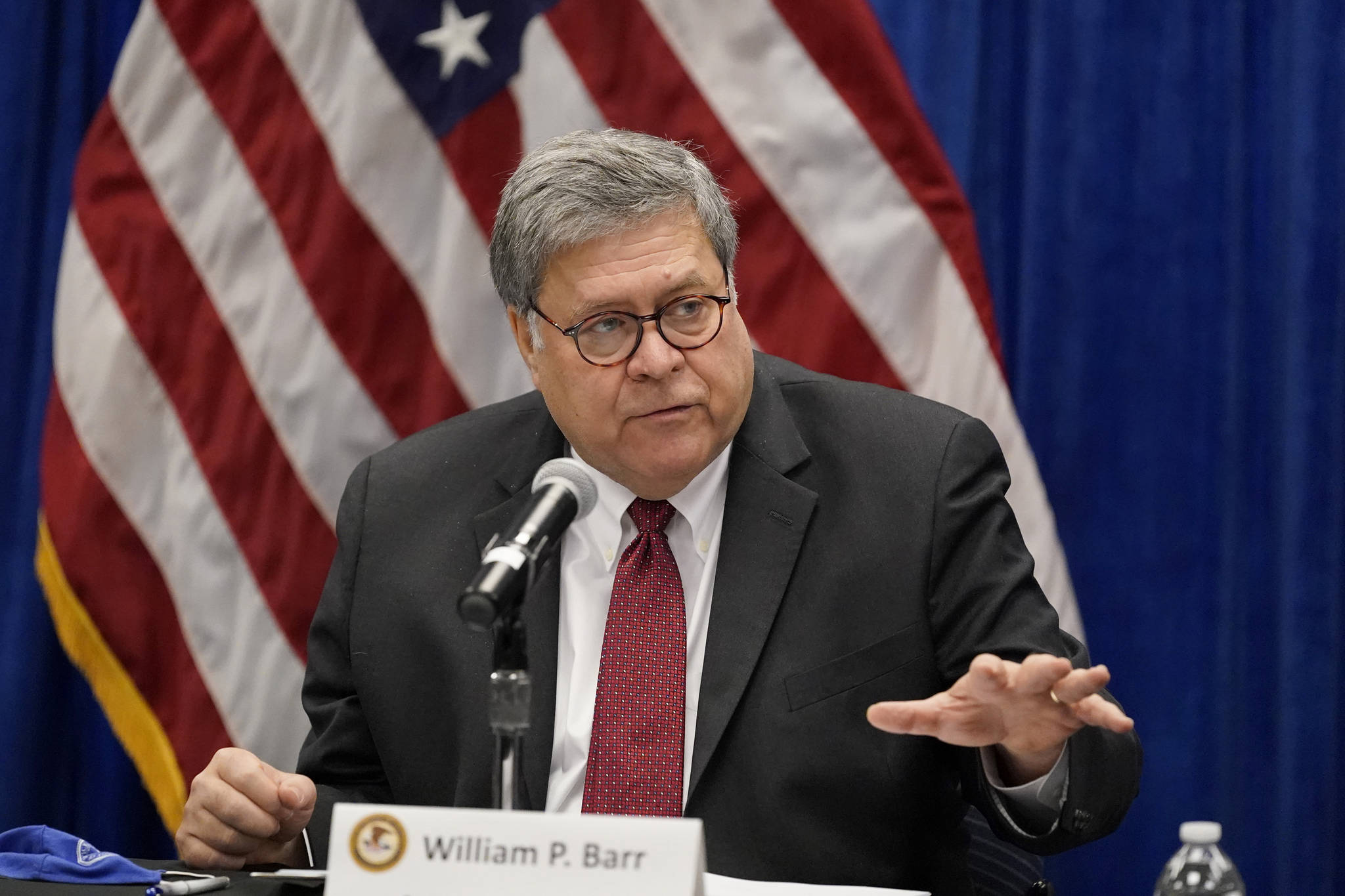 U.S.Attorney General William Barr speaks during a roundtable discussion on Operation Legend, a federal program to help cities combat violent crime, Thursday, Oct. 15, 2020, in St. Louis. Barr also spoke via recorded message at the annual Alaska Federation of Natives Convention. (AP Photo / Jeff Roberson)