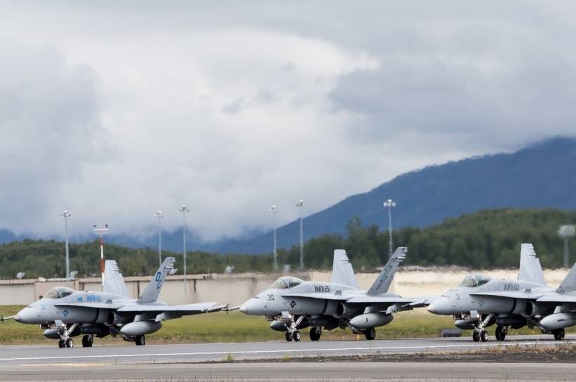 U.S. Marine CorpsU.S. Marine Corps F/A-18C Hornets assigned to Marine Fighter Attack Squadron 251 prepare to take off from the flightline during Red Flag-Alaska 17-2 on Joint Base Elmendorf-Richardson, Alaska, in 2017.