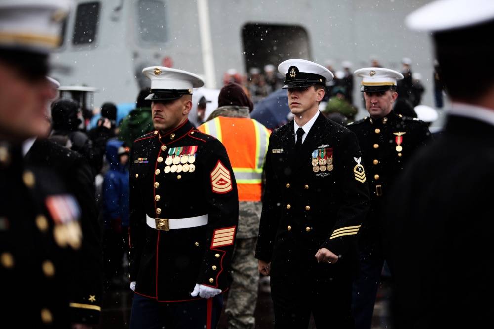 Marines and sailors with Task Force Denali participate in the USS Anchorage commissioning ceremony in Anchorage, Alaska, May 4, 2013. (U.S. Marine Corps / Lance Cpl. Cody Haas)