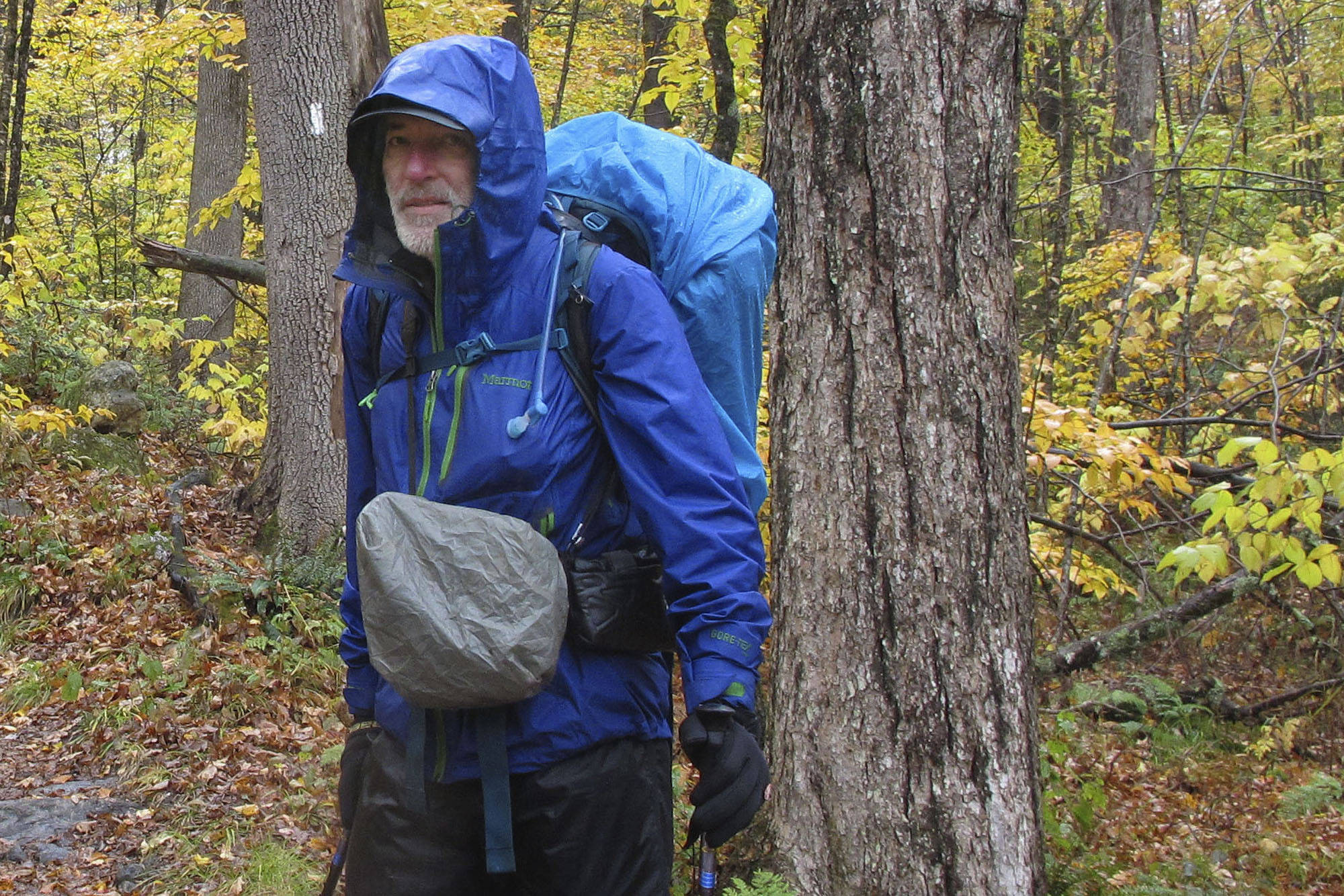 Artist Rob Mullen stands on Long Trail, the country’s oldest long distance trail, in Manchester, Vt., on Tuesday, Oct. 13, 2020. Mullen was nearing the end of his 272-mile month-long hike down the length of Vermont, painting along the way. (AP Photo/Lisa Rathke)