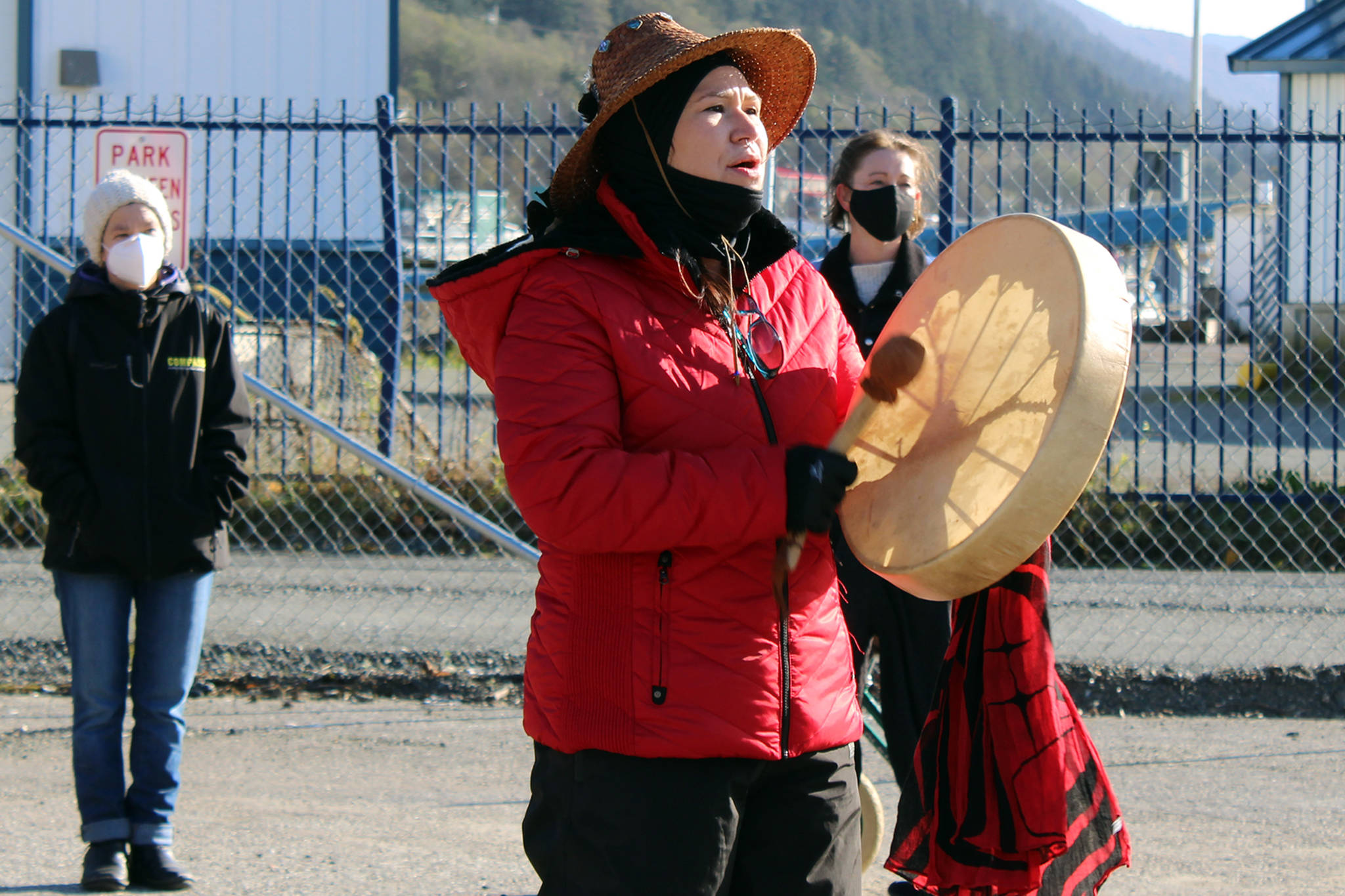 The march from the State Capitol to Mayor Bill Overstreet Park pauses for drumming and song on Saturday, Oct. 17. (Ben Hohenstatt / Juneau Empire) The march from the State Capitol to Mayor Bill Overstreet Park pauses for drumming and song on Saturday, Oct. 17. (Ben Hohenstatt / Juneau Empire)