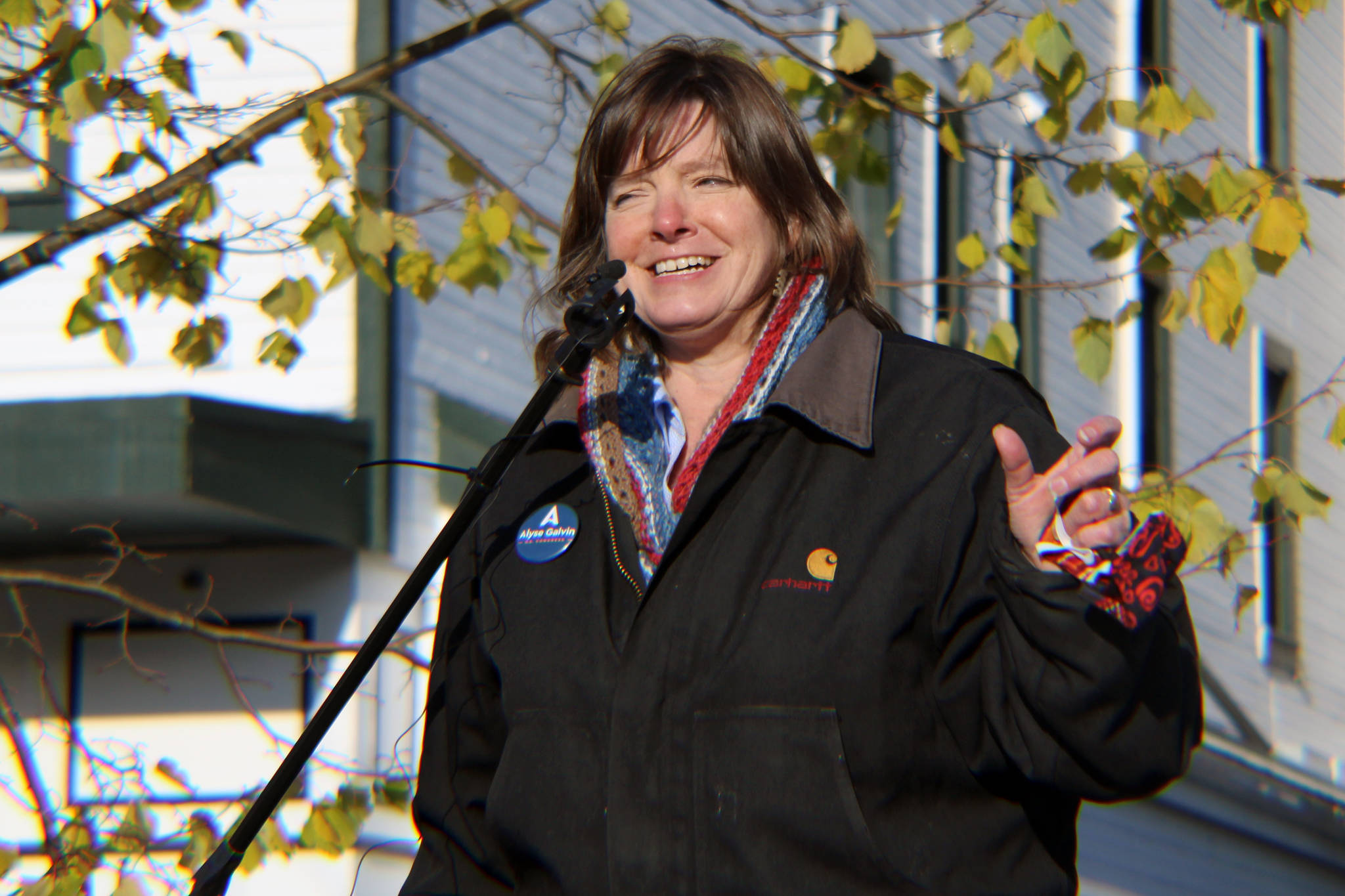 Alyse Galvin, independent candidate for Alaska's only House of Representatives seat, speaks at a drive-in rally on South Franklin Street in downtown Juneau on Saturday, Oct. 17, 2020. Glavin is running for the second time trying to oust Rep. Don Young, R-Alaska, who's held the seat since 1973. (Ben Hohenstatt / Juneau Empire.