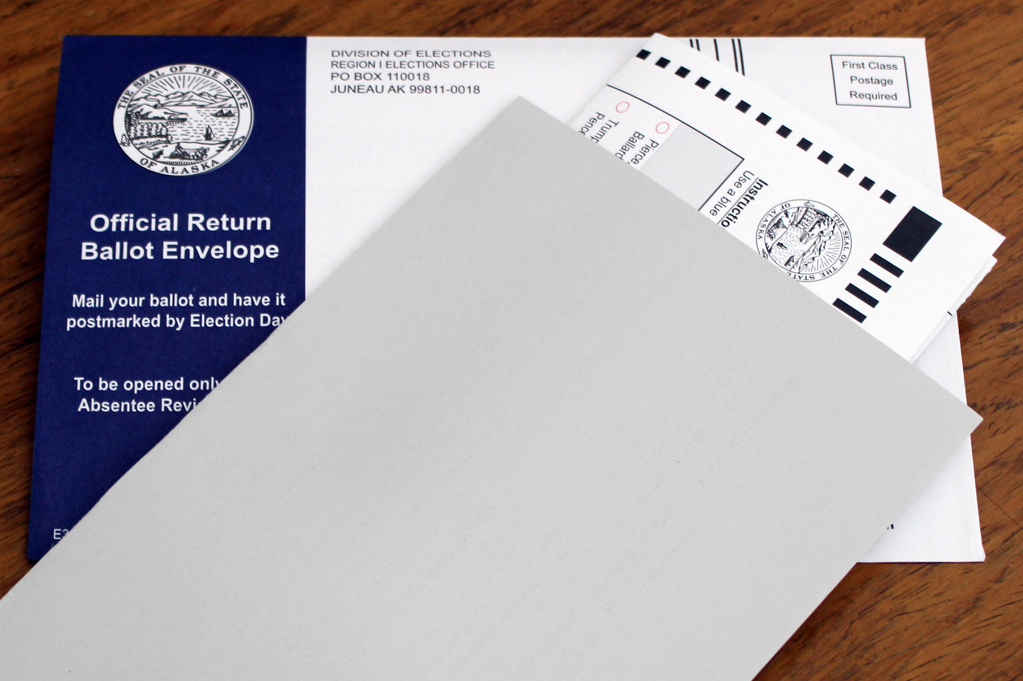 This photo shows a by-mail ballot sent to an Alaska voter in October. Monday marked the first day of early in-person voting for the 2020 general election. (Ben Hohenstatt / Juneau Empire)