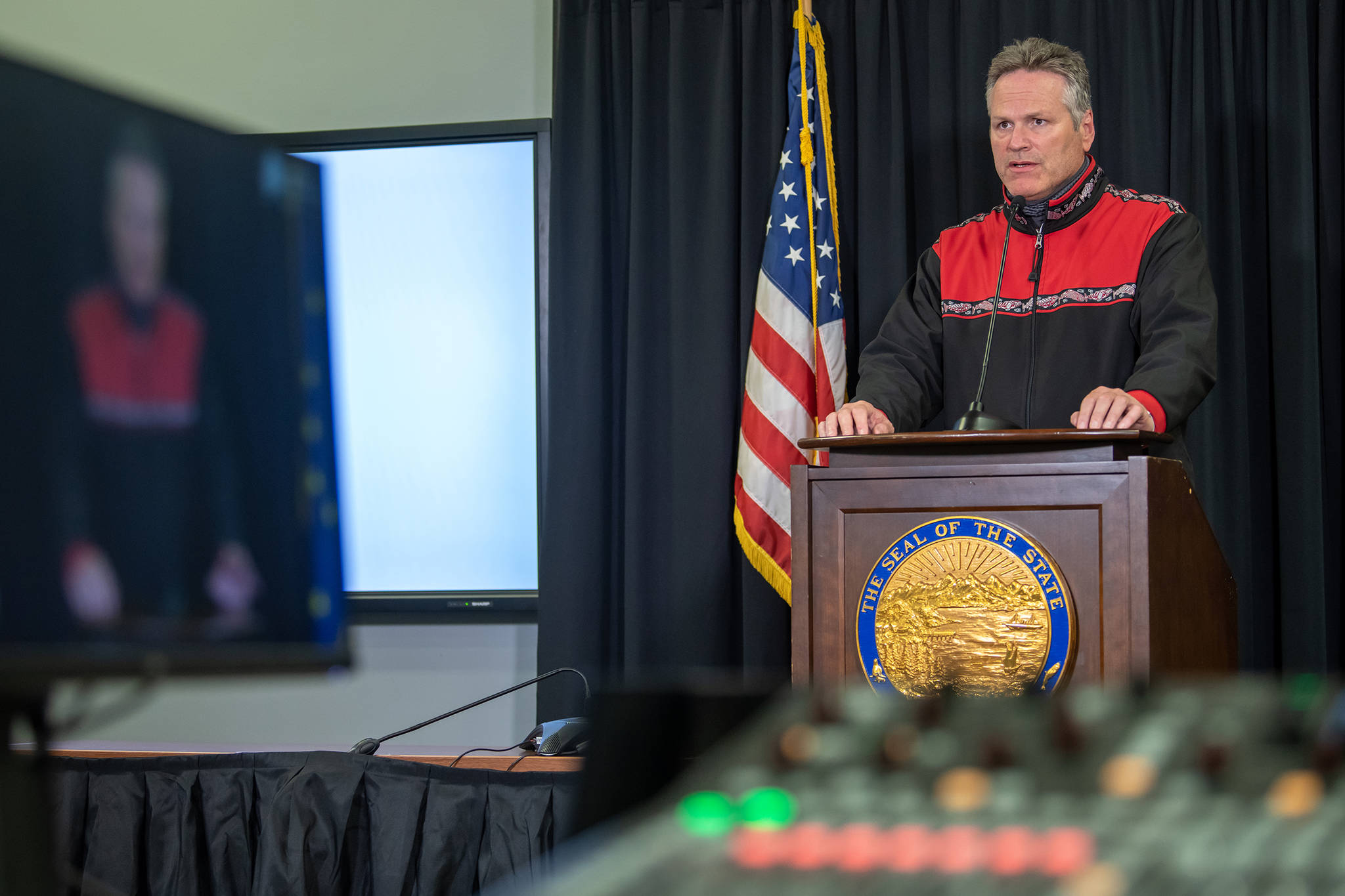 Gov. Mike Dunleavy speaks during an Aug. 11 news briefing. Dunleavy held his first news conference in over a month on Wednesday. (Courtesy Photo / Office of Gov. Mike Dunleavy)