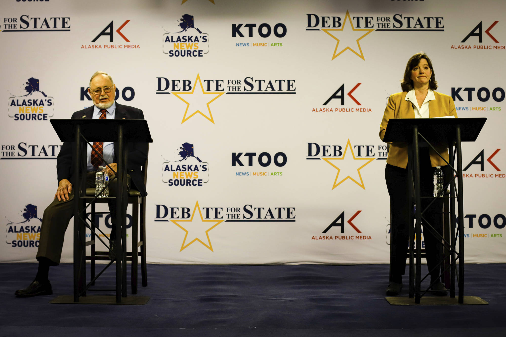 U.S. Rep. Don Young, left, and Alyse Galvin square off in a debate for the sole Alaska house seat Thursday, Oct. 22, 2020, in Anchorage, Alaska. The debate between the candidates for Alaska’s sole seat in Congress became contentious Thursday, with challenger Galvin saying she’s tired of Young misrepresenting her position on issues. (Jeff Chen / Pool Photo)