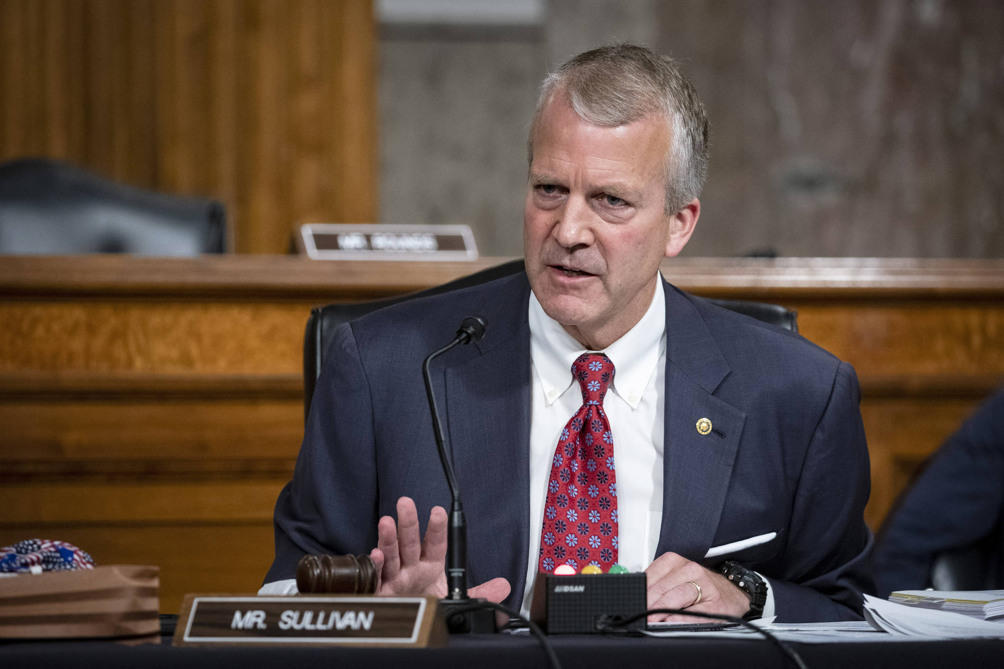 Sen. Dan Sullivan, R-Alaska, testifies during a hearing on Capitol Hill in Washington. Sen. Al Gross, an independent running with Democratic support, is challenging Sullivan in Alaska, a state that has long been a GOP stronghold. Across the country, Republicans are nervous about Senate seats like Sullivan’s they once thought safe as Democrats hope to capitalize on President Donald Trump’s unpopularity to retake the chamber. (Al Drago / Pool)