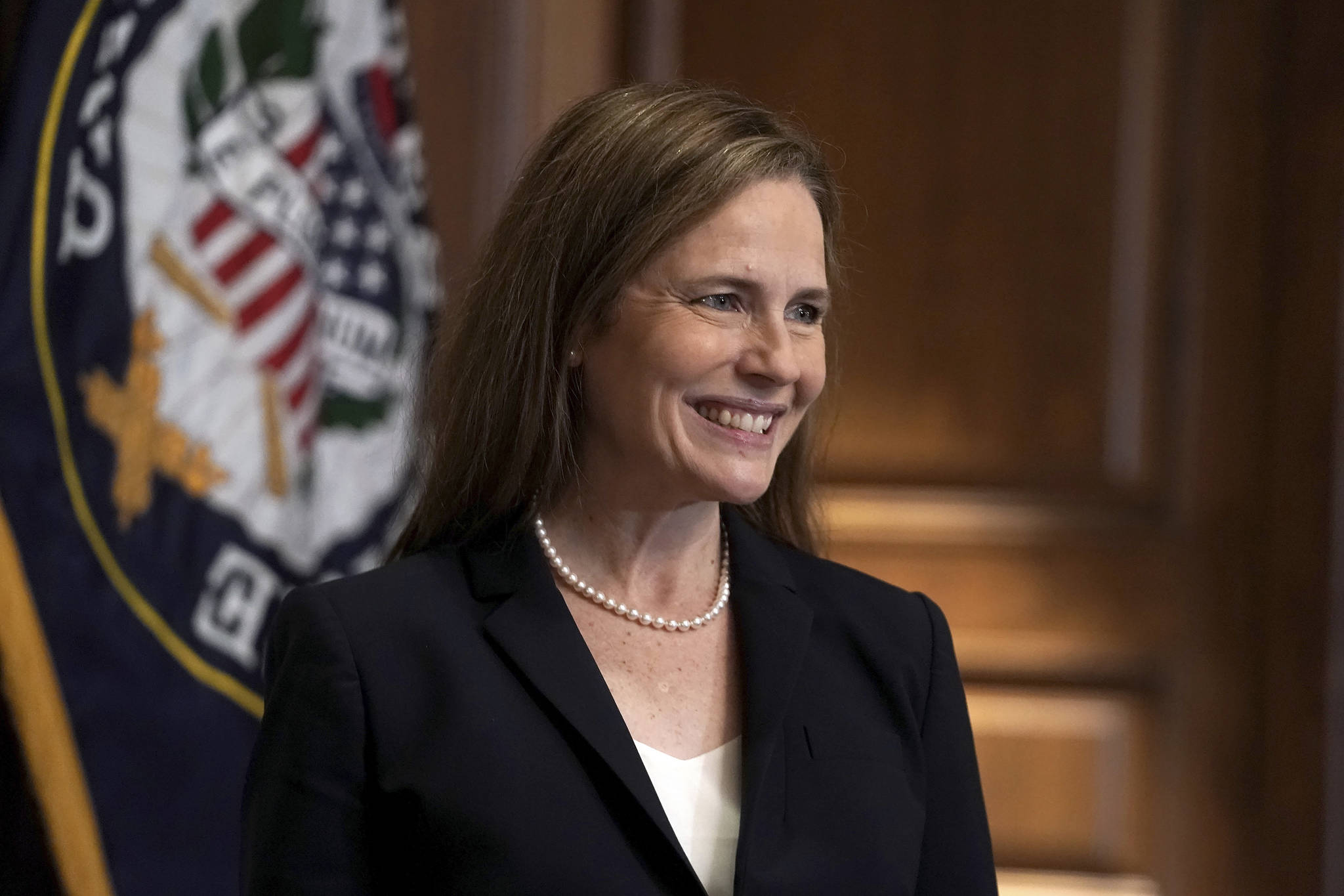 Supreme Court nominee Amy Coney Barrett, meets with Sen. Martha McSally, R-Ariz., Wednesday, Oct. 21, 2020, on Capitol Hill in Washington. (Greg Nash / Pool)
