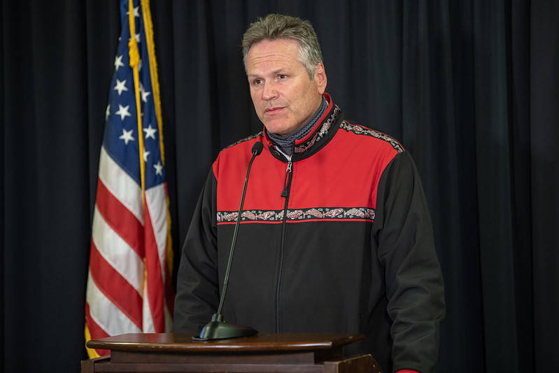Gov. Mike Dunleavy at a press conference in Anchorage on Aug. 11, 2020. (Courtesy Photo / Office of Gov. Mike Dunleavy)
