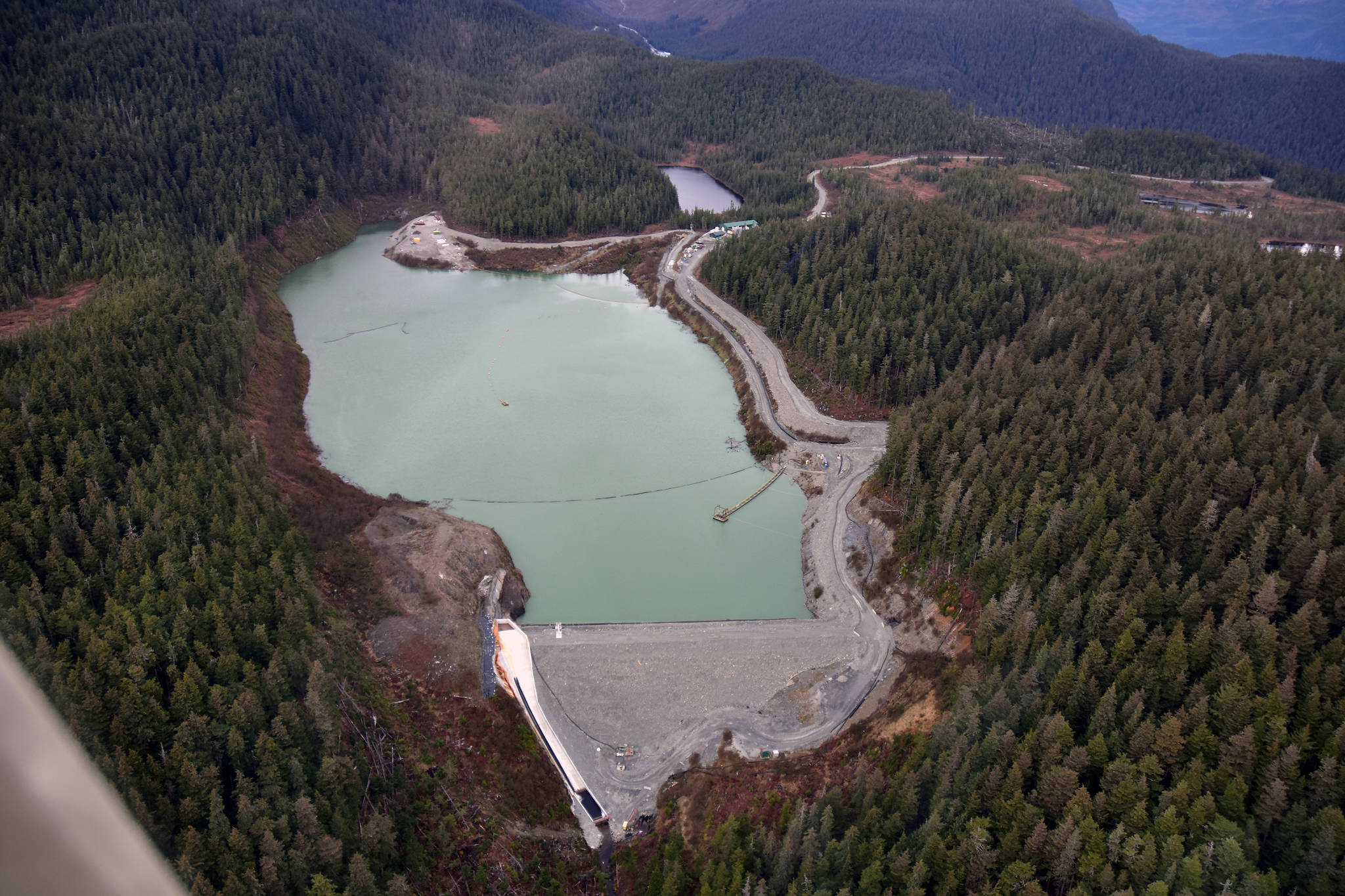 The Tailing Treatment Facility and Upper Slate Lake at the Kensington Mine on Monday, Oct. 14, 2019. Coeur Alaska wants to expand the life of the mine which will require expanding this lake which holds processed material from the mine. The lake has its own water treatment plant which continually processes wastewater. The company says it follows the strictest environmental precautions. (Peter Segall / Juneau Empire)