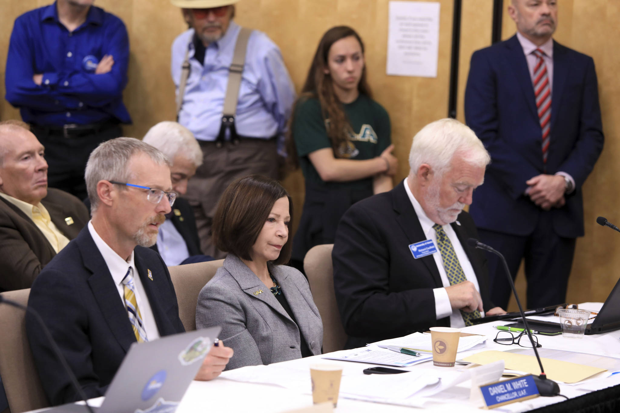 From left, University of Alaska Fairbanks Chancellor Daniel White, UA Anchorage Chancellor Cathy Sandeen and then-UA Southeast Chancellor Rick Caulfield speak at a UA Board of Regents meeting in Anchorage on July 30, 2019. Sandeen, the chancellor of the University of Alaska Anchorage has announced her intention to take a new position as the president of a California university, Thursday, Oct. 29, 2020.(AP Photo / Dan Joling)