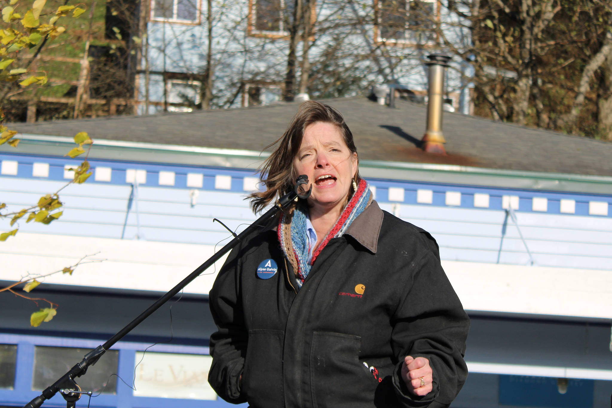 Alyse Galvin speaks during a drive-in rally held Oct. 17 in Juneau. (Ben Hohenstatt / Juneau Empire)