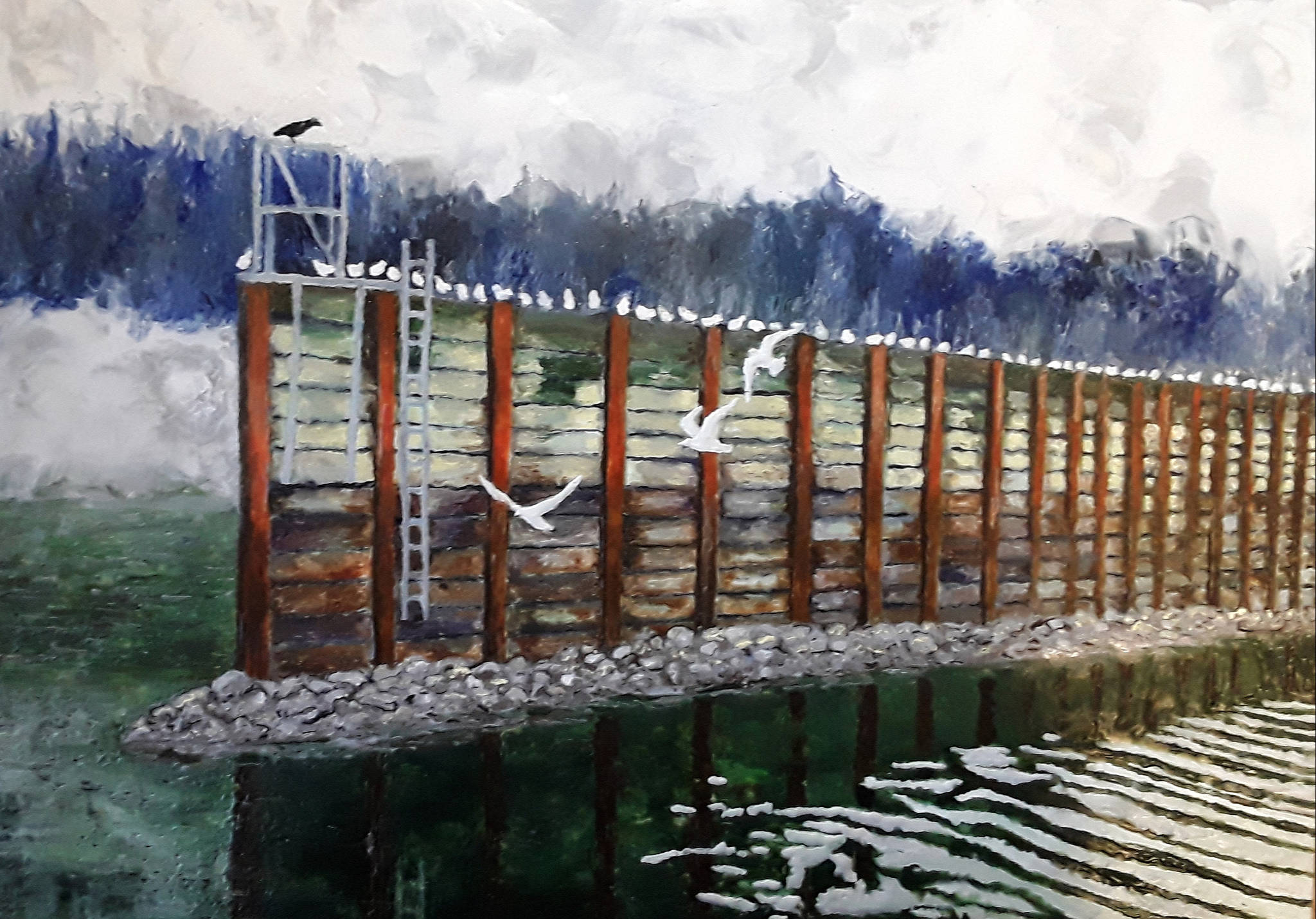 This photo shows an encaustic piece titled “Sentinels” by Michelle Morrell. I couldn’t damped the reds in the photo. It depicts the old Aurora Harbor breakwater that was replaced last winter. (Courtesy Image / Michelle Morrell)