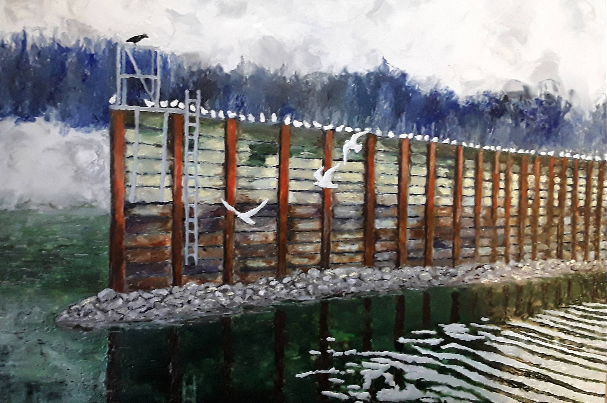 This photo shows an encaustic piece titled “Sentinels” by Michelle Morrell. I couldn’t damped the reds in the photo. It depicts the old Aurora Harbor breakwater that was replaced last winter. (Courtesy Image / Michelle Morrell)