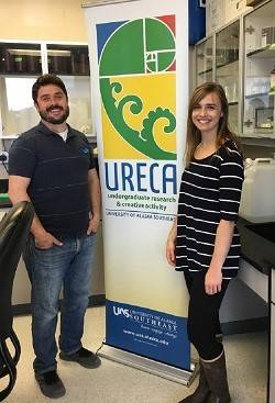 Courtesy Photo
2018 UAS URECA Program scholar Dawn Wehde stands next to faculty adviser Michael Navarro. Wehde graduated in 2018 and now works in a fisheries related job in her hometown of Nome.