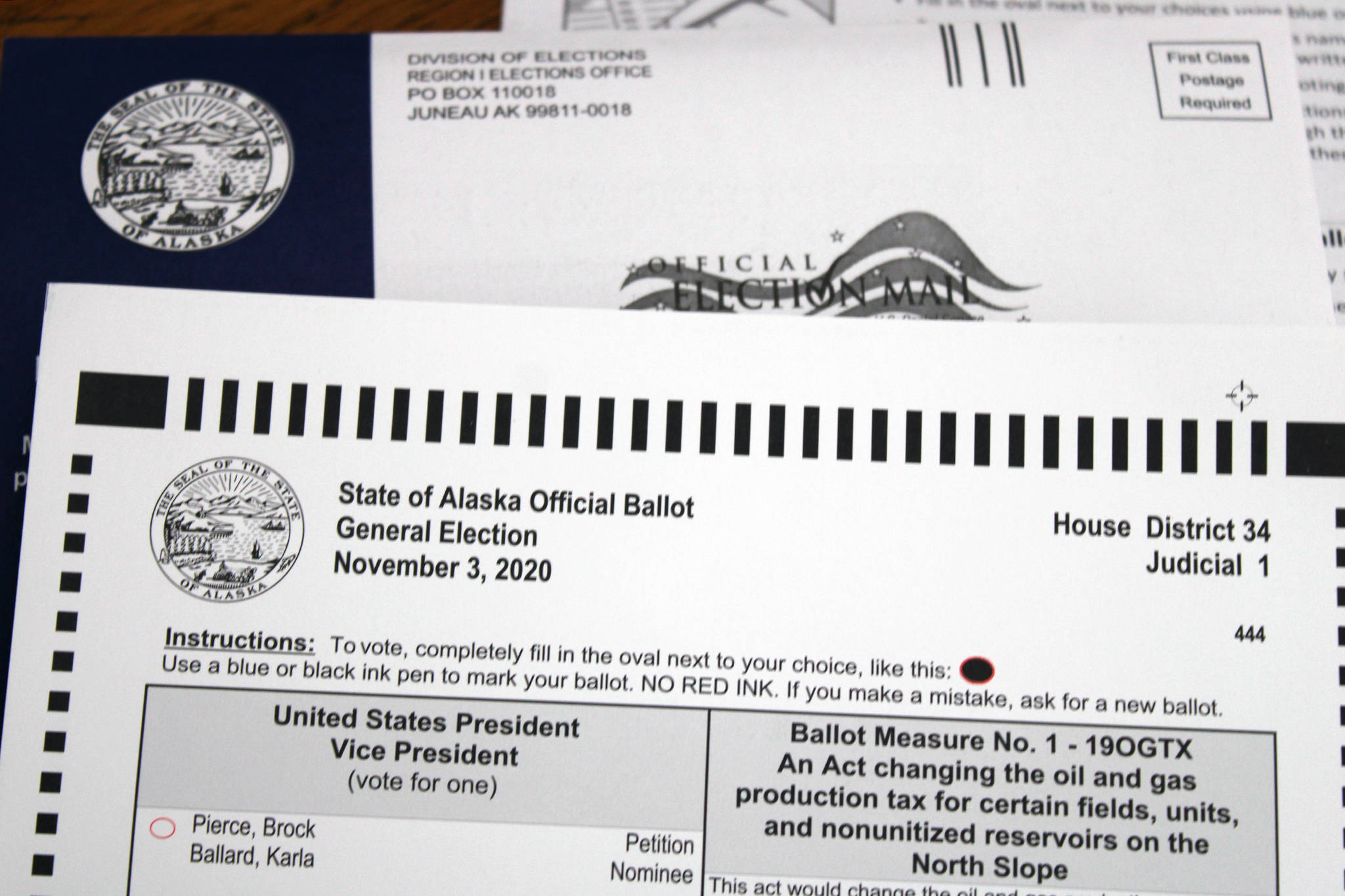 This photo shows a by-mail ballot sent to an Alaska voter in October. (Ben Hohenstatt / Juneau Empire File)