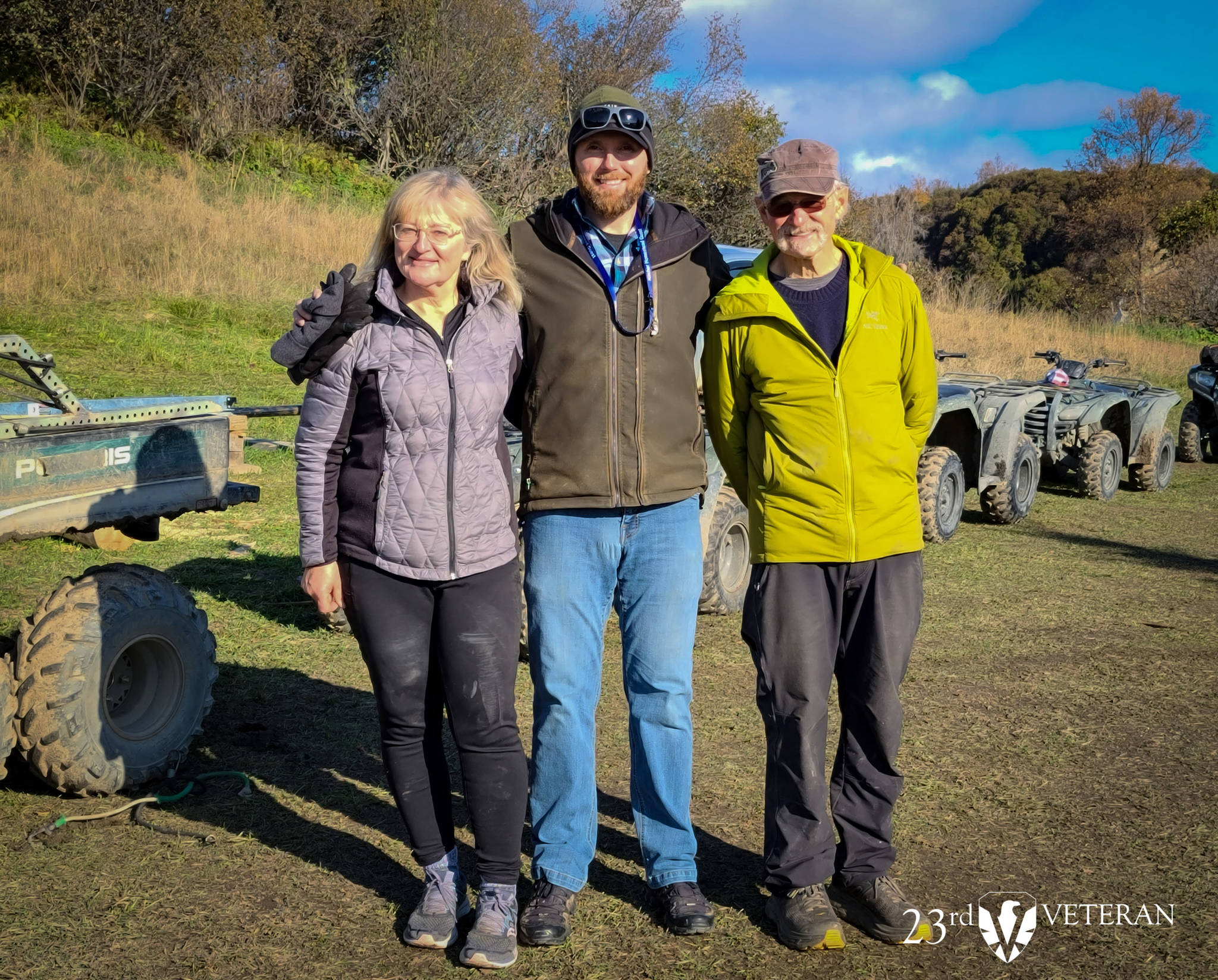 Catkin Burton Kilcher, left, 23rd Veteran founder Michael Waldron, center, and Atz Kilcher, right, pose on Thursday, Oct. 15, 2020, in an outdoor wilderness experience facilitated by the Kilcher family on the Kilcher homestead and the Kachemak Bay backcountry near Homer, Alaska, last month. (Photo courtesy of 23rd Veteran)