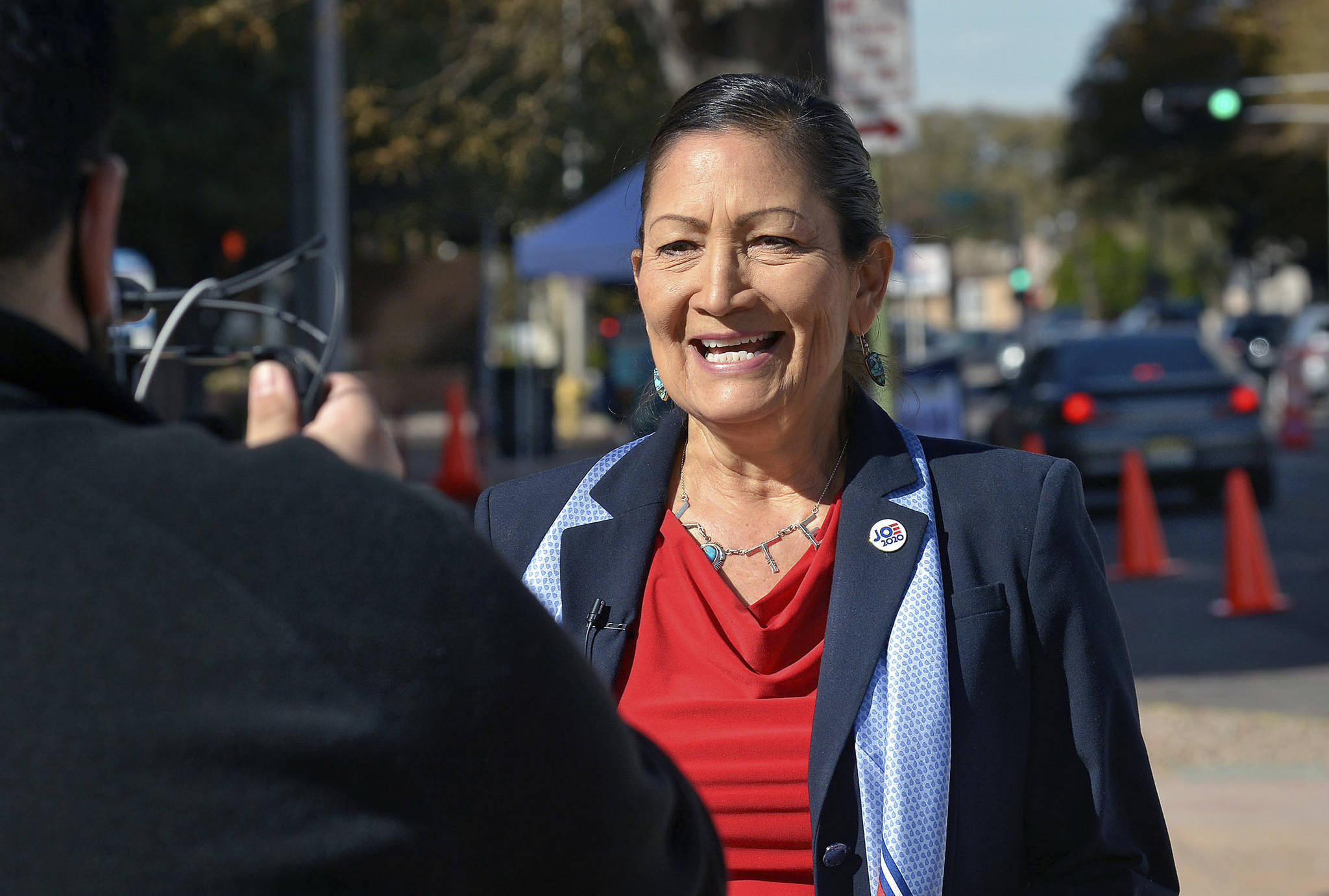 Democratic Congresswoman Deb Haaland, N.M.-1st Dist., does a PSA for her Twitter account in downtown Albuquerque, N.M. Internet access, health care and basic necessities like running water and electricity within Indigenous communities have long been at the center of congressional debates. But until recently, Congress didn’t have many Indigenous members who were pushing for solutions and funding for those issues. Hope is growing after the Native delegation in the U.S. House expanded by two on Election Day joining four others that were reelected. (Jim Thompson / The Albuquerque Journal)