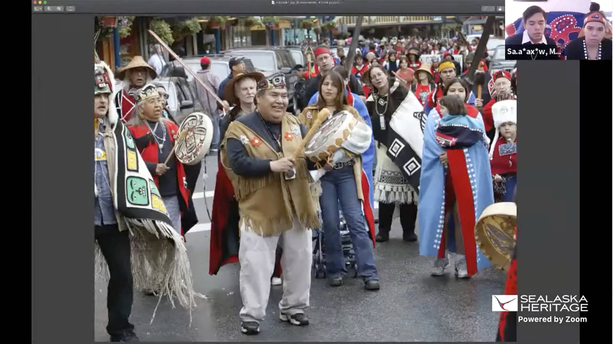 This Nov. 5, 2020, photo provided by the Sealaska Heritage Institute shows a Zoom memorial service for Tlingit elder David Katzeek, conducted by the Institute, showing highlights of Katzeek’s life as people honored him over the internet as the pandemic had made in-person ceremonies impossible. (Sealaska Heritage Institute)