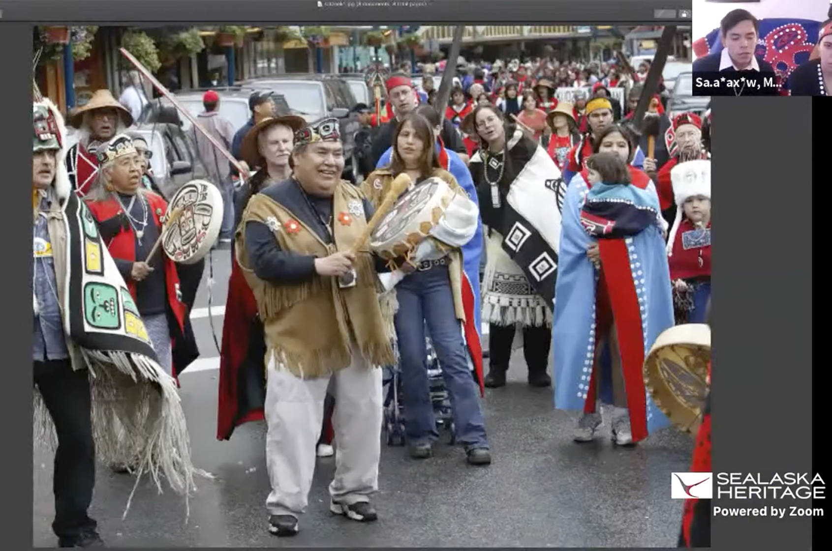 This Nov. 5, 2020, photo provided by the Sealaska Heritage Institute shows a Zoom memorial service for Tlingit elder David Katzeek, conducted by the Institute, showing highlights of Katzeek's life as people honored him over the internet as the pandemic had made in-person ceremonies impossible.  (Sealaska Heritage Institute)