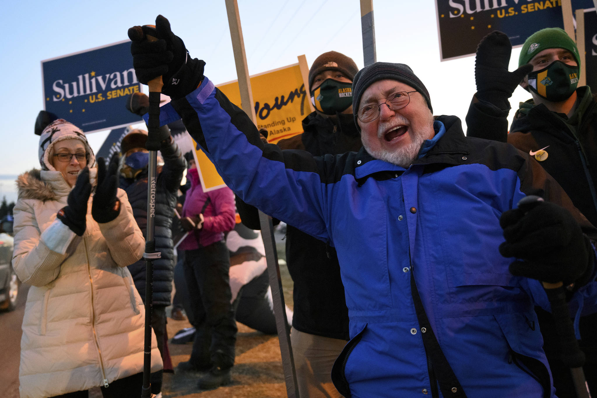 In this Nov. 3, 2020, photo, Rep. Don Young, R-Alaska, gathers with supporters in Anchorage. Young, the longest-serving Republican ever in the U.S. House, has won his 25th term. Young defeated Alyse Galvin in back-to-back elections for Alaska’s sole seat in the House. The race was called Wednesday, Nov. 11. (Marc Lester/Anchorage Daily News)