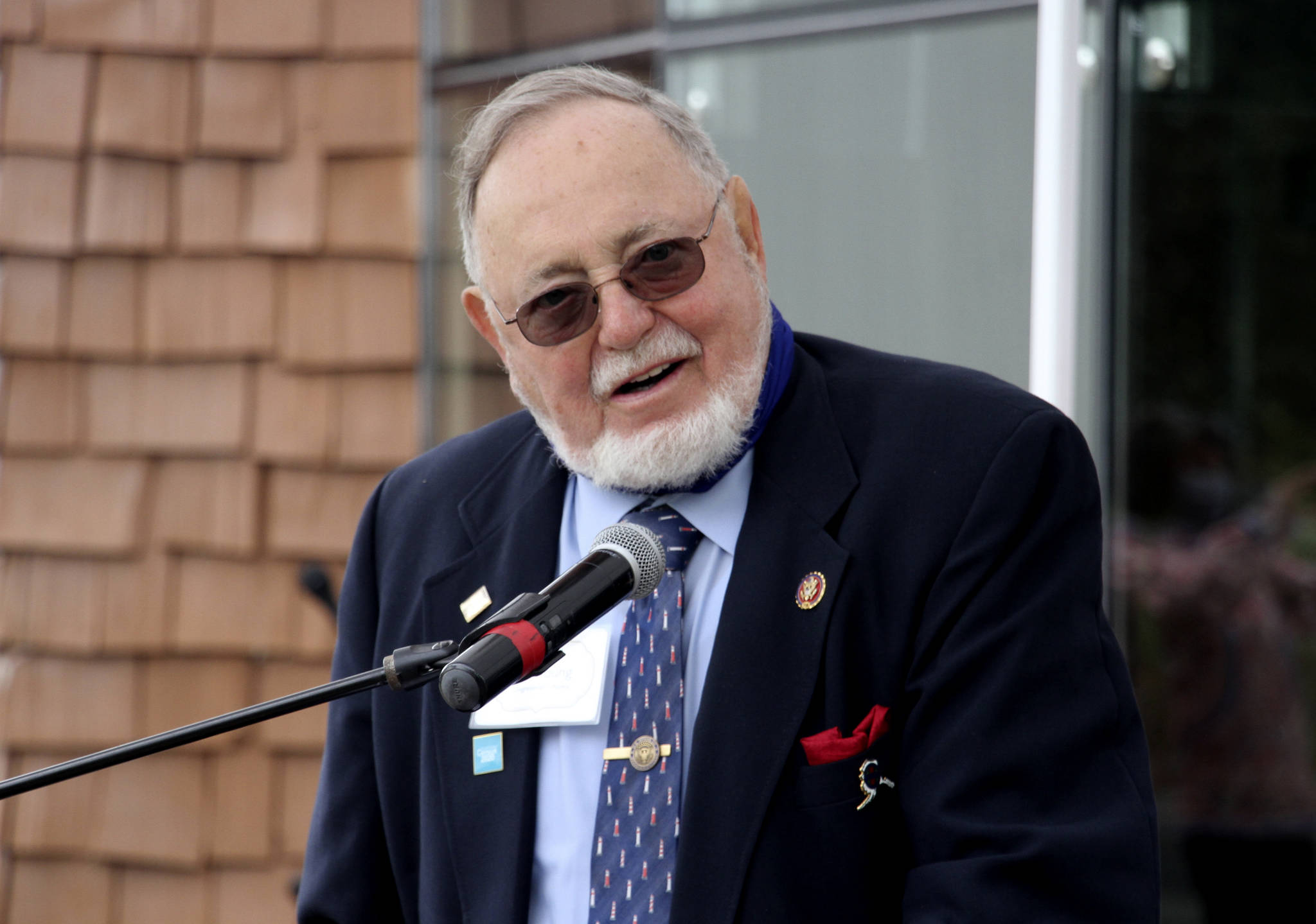 In this August photo, U.S. Rep. Don Young, an Alaska Republican, speaks during a ceremony in Anchorage, Alaska, celebrating the opening of a Lady Justice Task Force cold case office which will specialize in cases involving missing or murdered Indigenous women. Young announced Thursday, Nov. 12, 2020, on Twitter that he had tested positive for COVID-19. (AP Photo / Mark Thiessen)