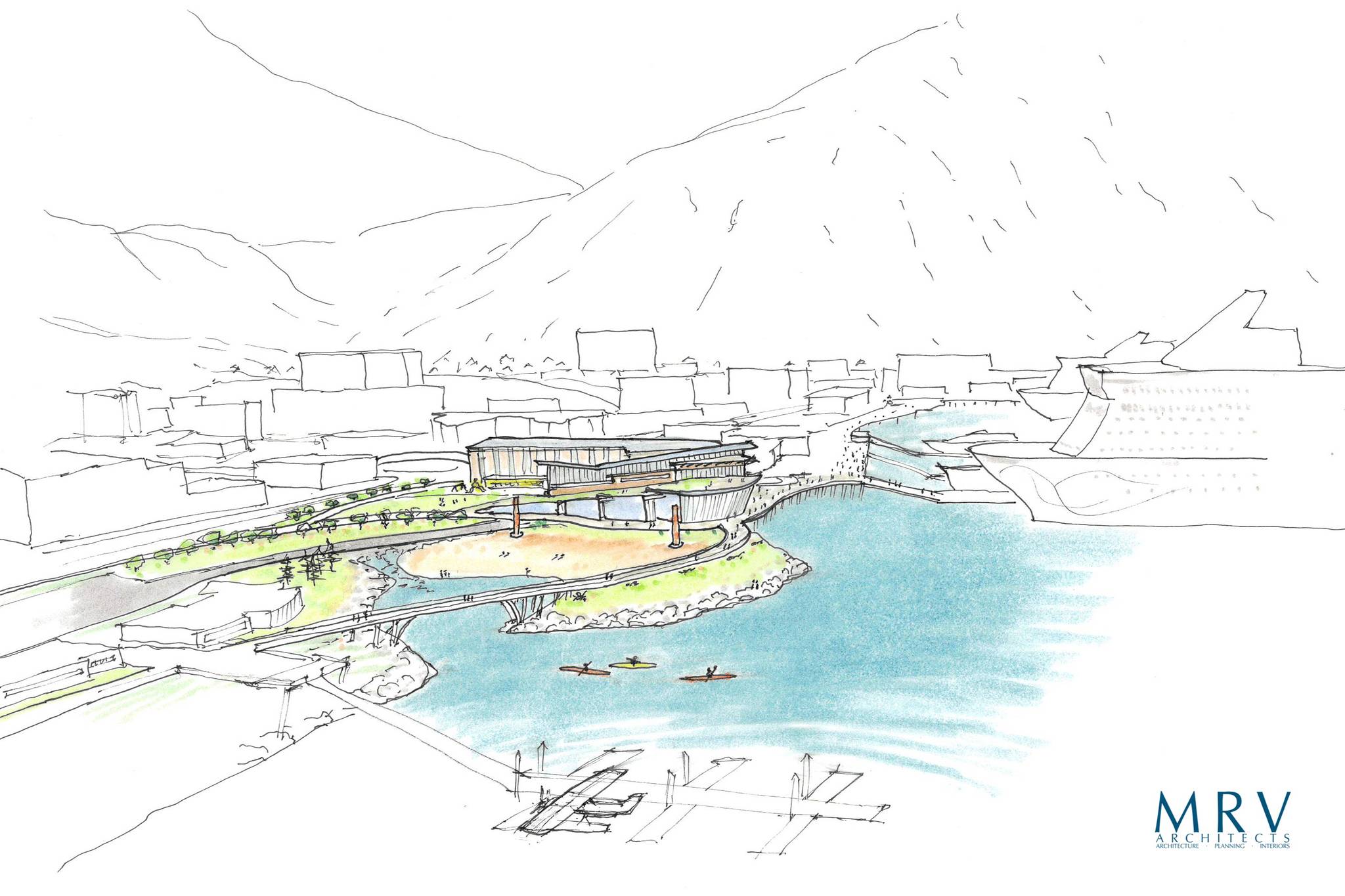 A conceptual drawing showing a possible use for Norwegian Cruise Line’s property on Egan Drive. This drawing shows the dock within the larger plan for a continuous seawalk, and incorporates properties owned by the City and Borough of Juneau in the design. (Courtesy image / MRV Architects)