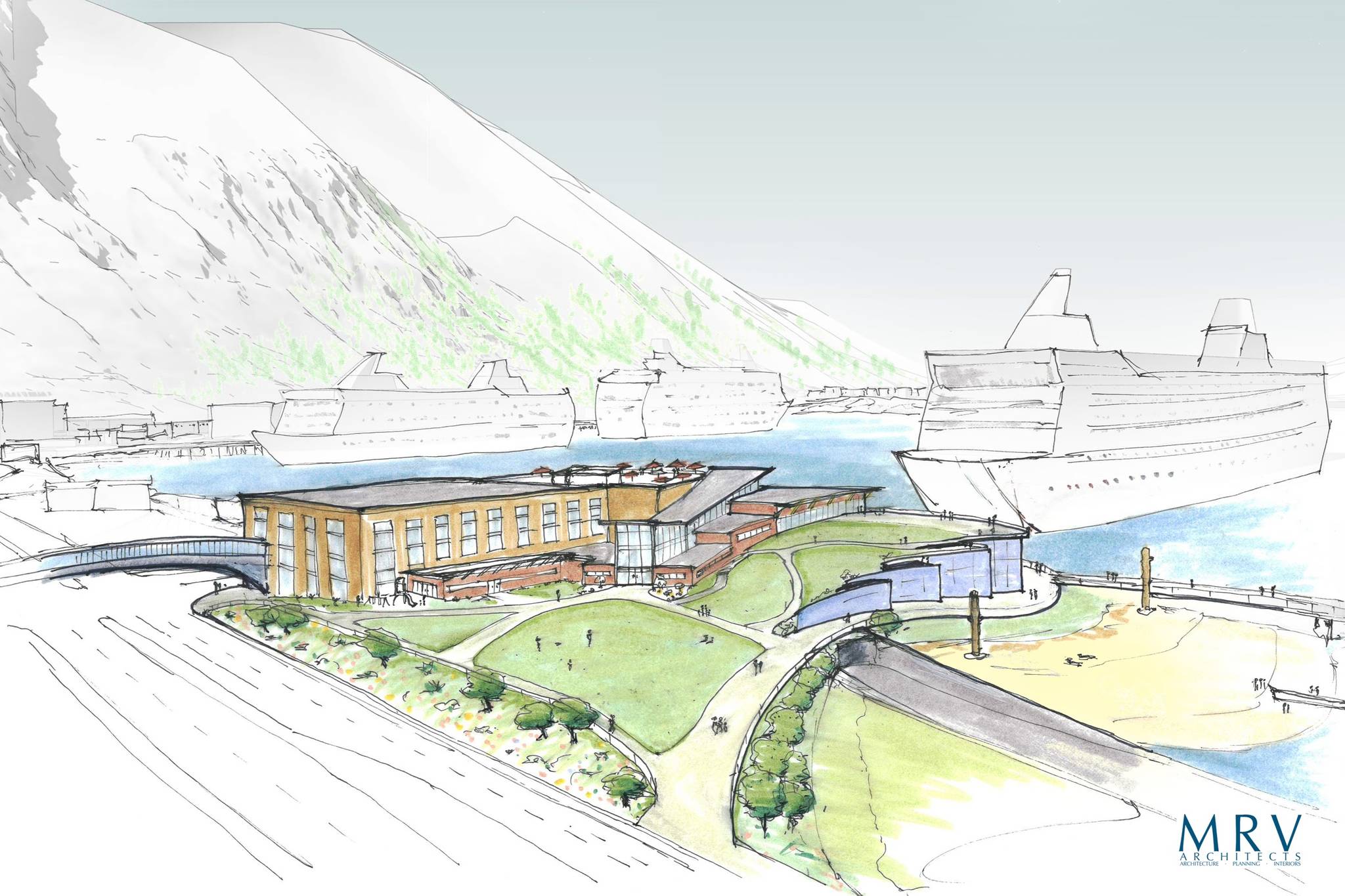 A conceptual drawing showing a possible use for Norwegian Cruise Line's property on Egan Drive. This drawing shows the property with NCL's largest ship, the Bliss, shown for scale. (Courtesy image / MRV Architects)