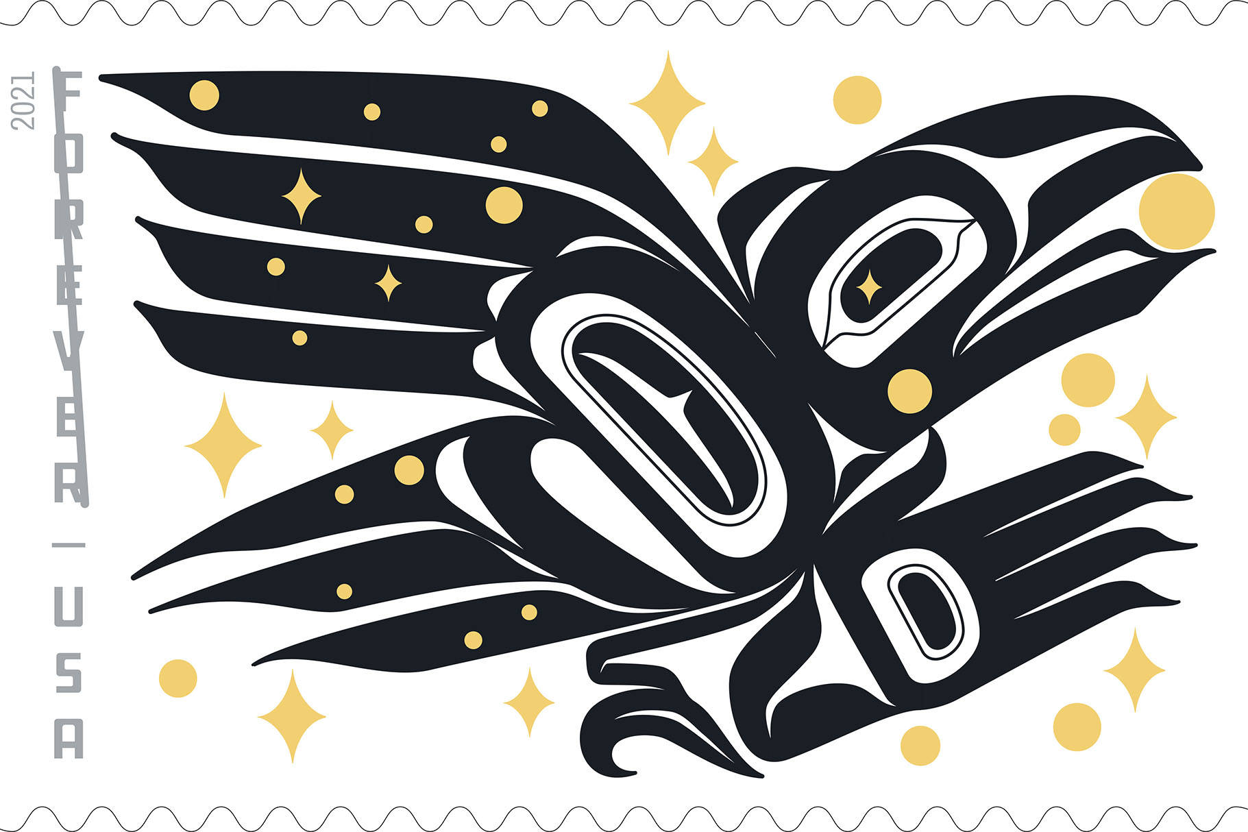 Rico Lanáat’ Worl’s design ‘Raven Story,’ shown here, is thought to be the first Tlingit-designed art to be featured on a stamp, available beginning in 2021. (Courtesy Image / Sealaska Heritage Institute)