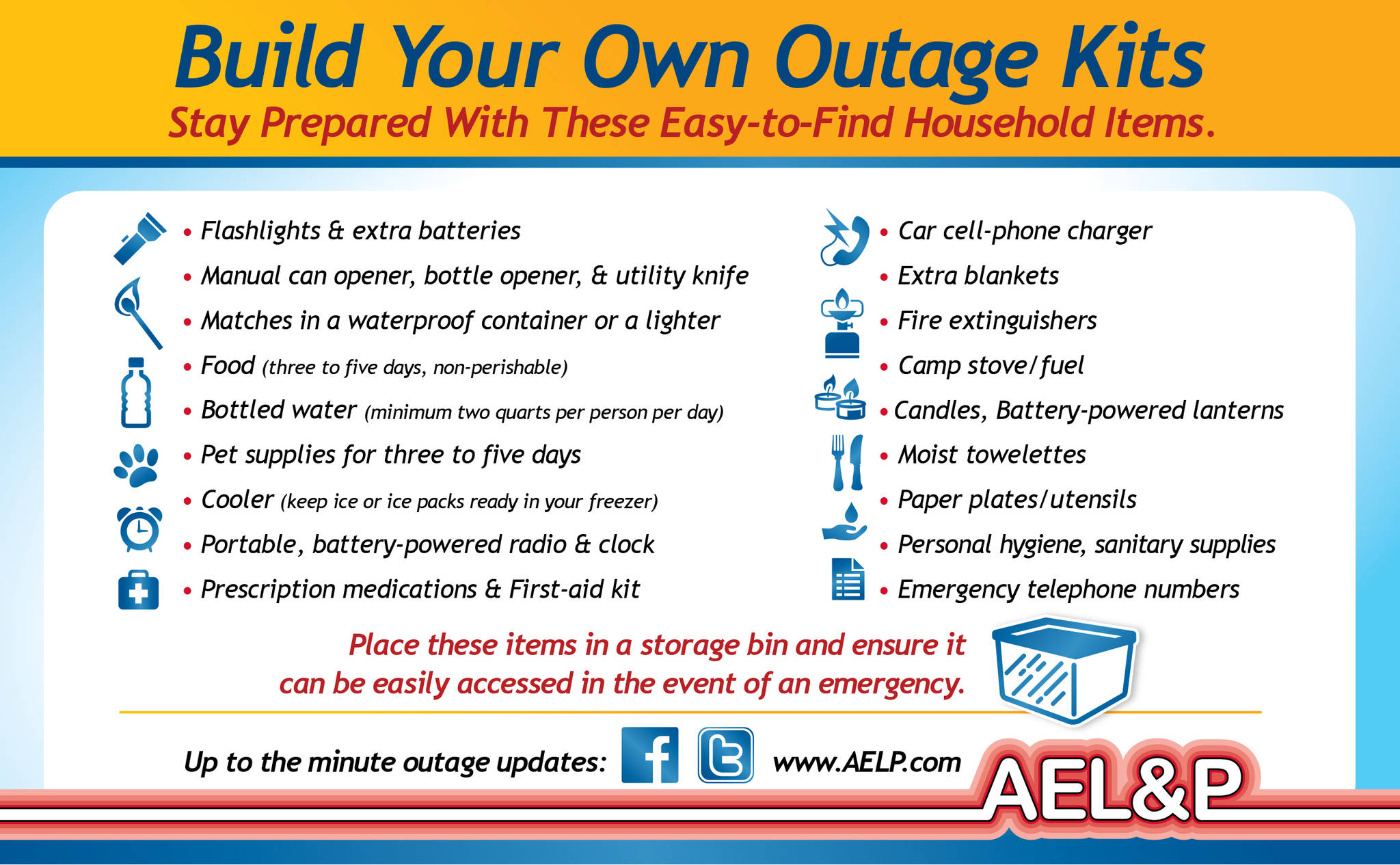 Alaska Electric Light and Power recommends preparing a kit for power outages. (Courtesy art / AEL&P)